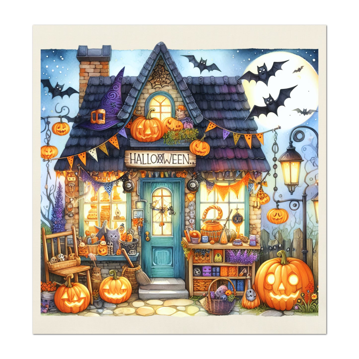 Halloween Fabric Panel - Fall Fabric Panel, Pumpkin, Watercolor, Cotton, Fall, Canvas, Quilt Block, Wall Art