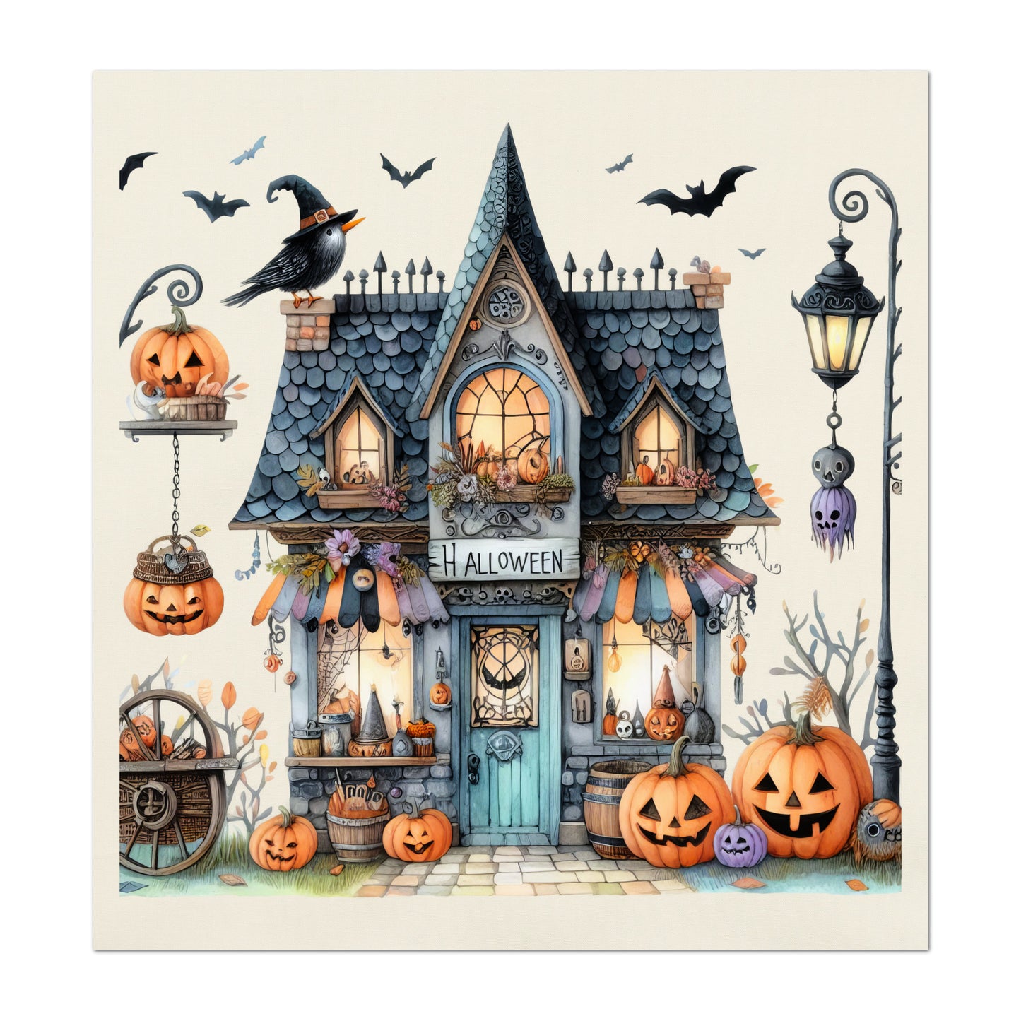 Halloween Fabric - Fall Fabric Panel, Pumpkin, Decor, Bat, Watercolor, Cotton, Canvas, Quilt Block, Wall Art