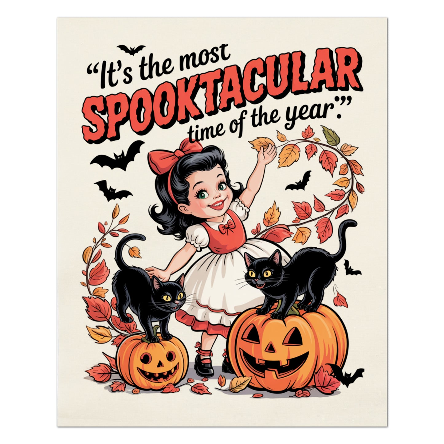 Halloween Fabric Panel - Black Cat Fabric, Vintage, Retro, Girl, Craft, Pumpkin, Large Print, Block Print, Cotton, Quilting, Quilt, Canvas
