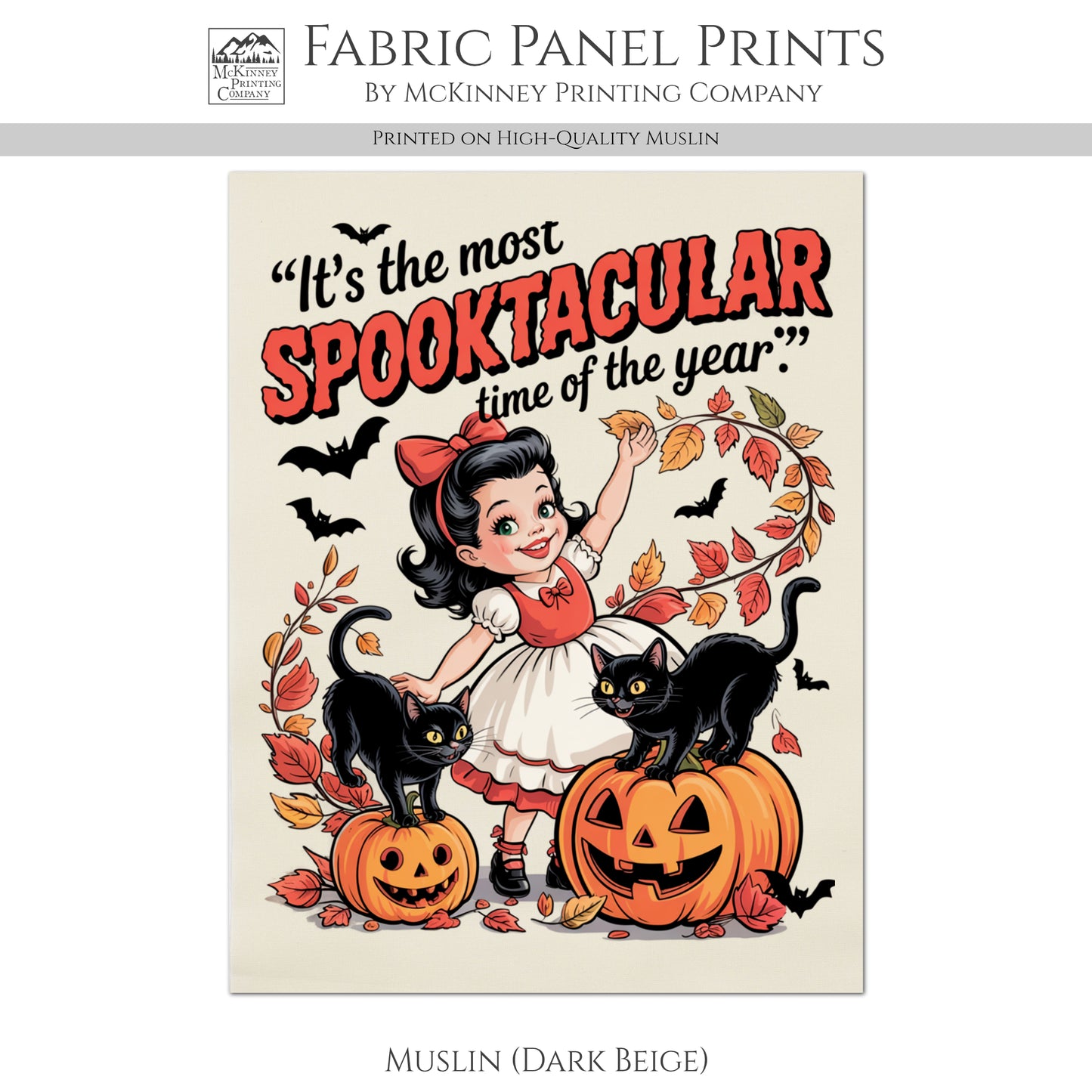 Halloween Fabric Panel - Black Cat Fabric, Vintage, Retro, Girl, Craft, Pumpkin, Large Print, Block Print, Cotton, Quilting, Quilt, Canvas