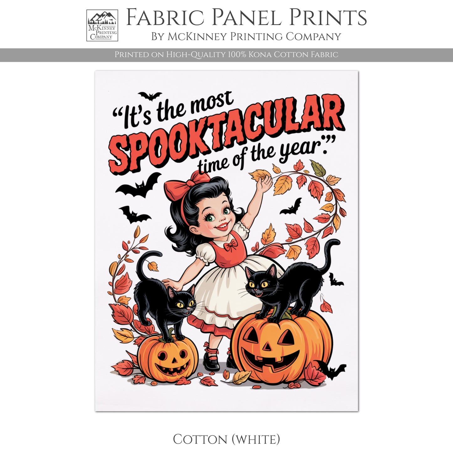 Halloween Fabric Panel - Black Cat Fabric, Vintage, Retro, Girl, Craft, Pumpkin, Large Print, Block Print, Cotton, Quilting, Quilt, Canvas