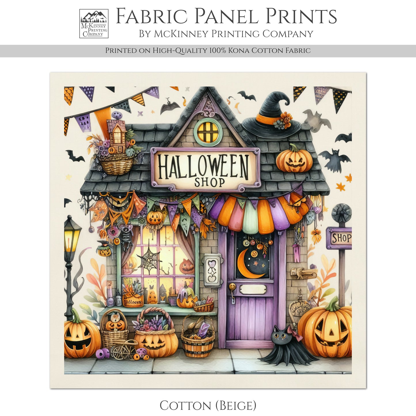 Halloween Fabric Panel - Fall Fabric Panel, Pumpkin, Decor, Bat, Watercolor, Cotton, Canvas, Quilt Block, Wall Art