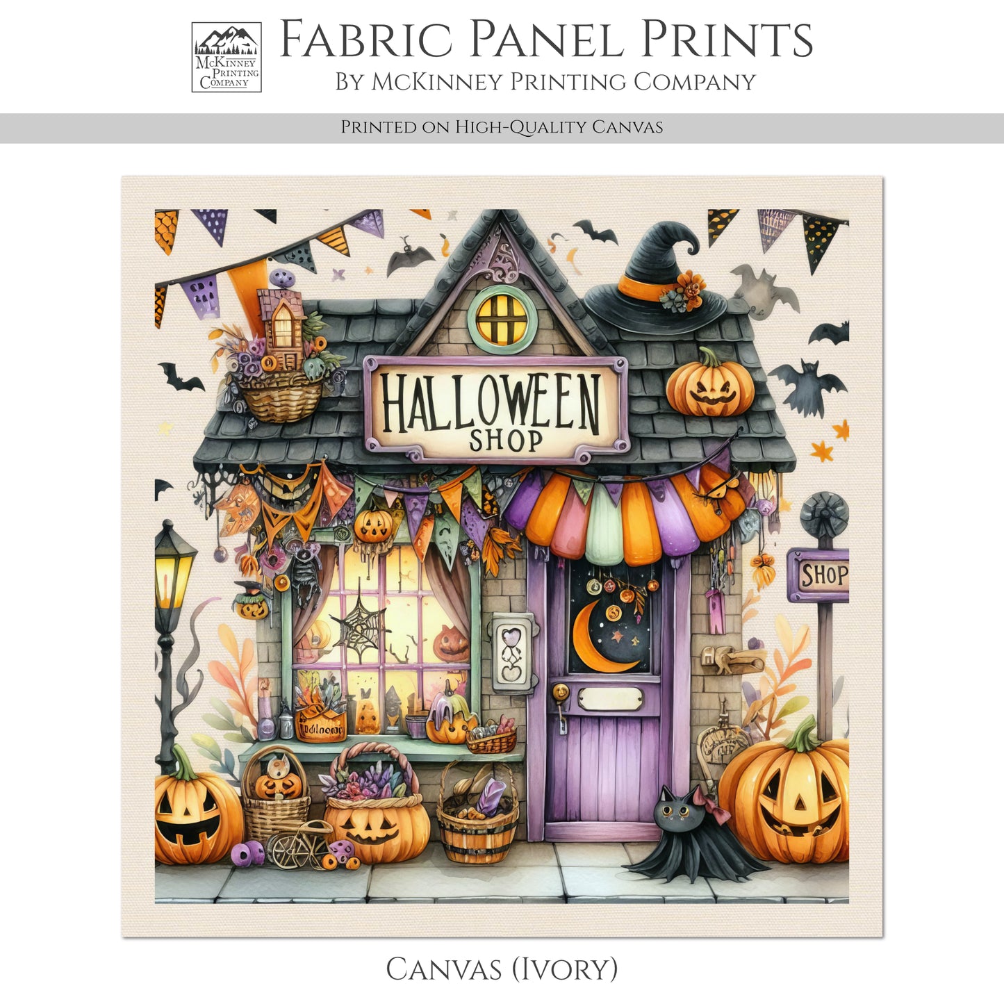 Halloween Fabric Panel - Fall Fabric Panel, Pumpkin, Decor, Bat, Watercolor, Cotton, Canvas, Quilt Block, Wall Art