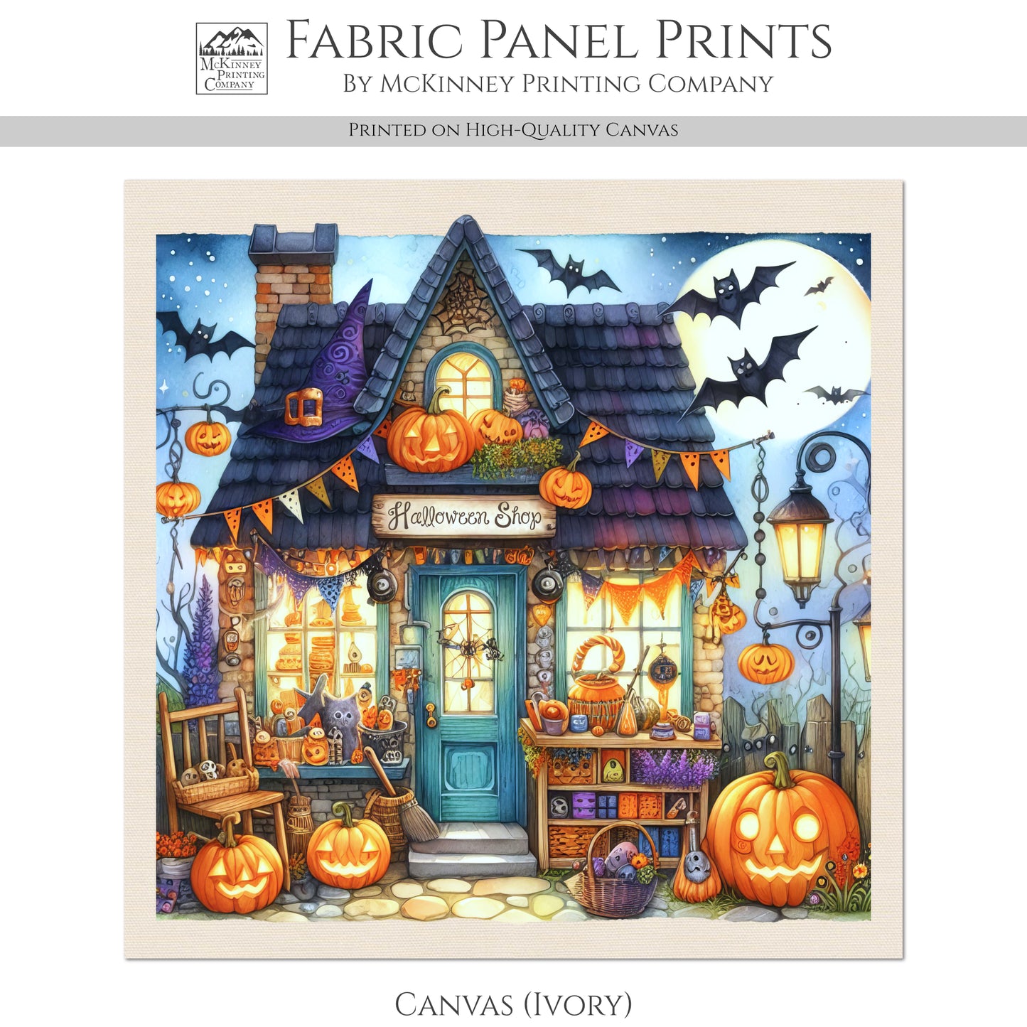 Halloween Fabric Panel - Fall Fabric Panel, Pumpkin, Watercolor, Cotton, Fall, Canvas, Quilt Block, Wall Art