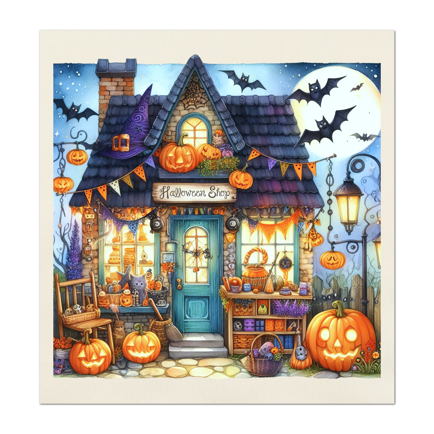 Halloween Fabric Panel - Fall Fabric Panel, Pumpkin, Watercolor, Cotton, Fall, Canvas, Quilt Block, Wall Art