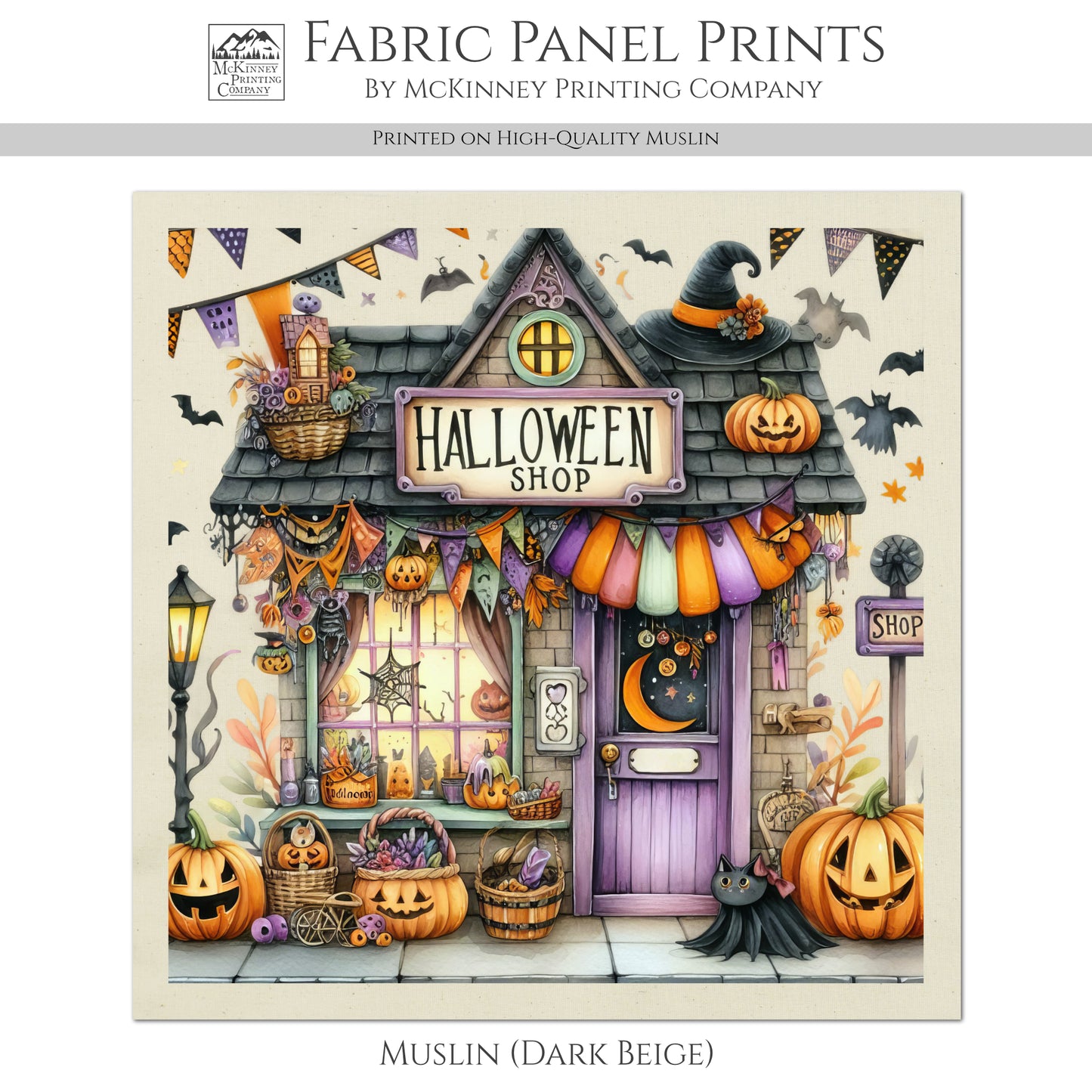 Halloween Fabric Panel - Fall Fabric Panel, Pumpkin, Decor, Bat, Watercolor, Cotton, Canvas, Quilt Block, Wall Art