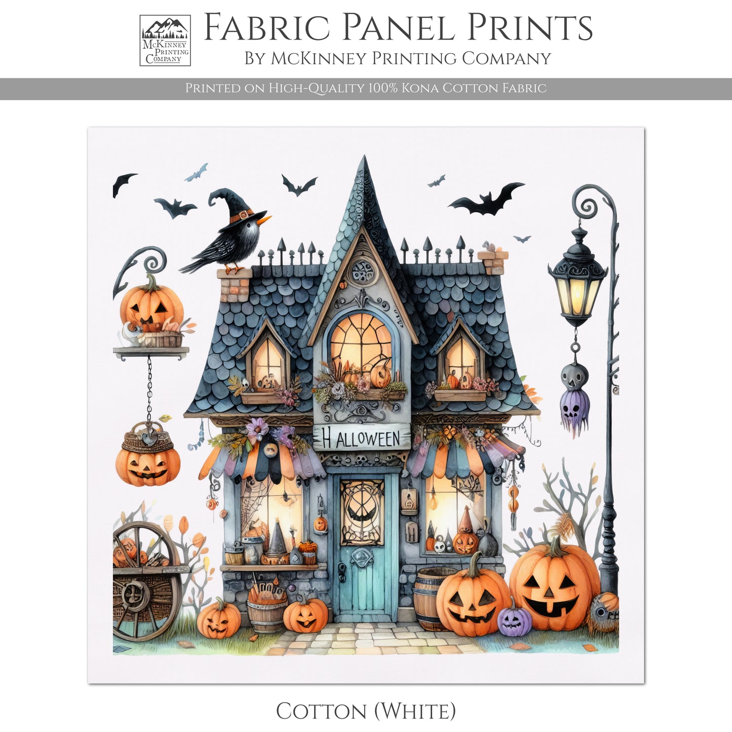Halloween Fabric - Fall Fabric Panel, Pumpkin, Decor, Bat, Watercolor, Cotton, Canvas, Quilt Block, Wall Art