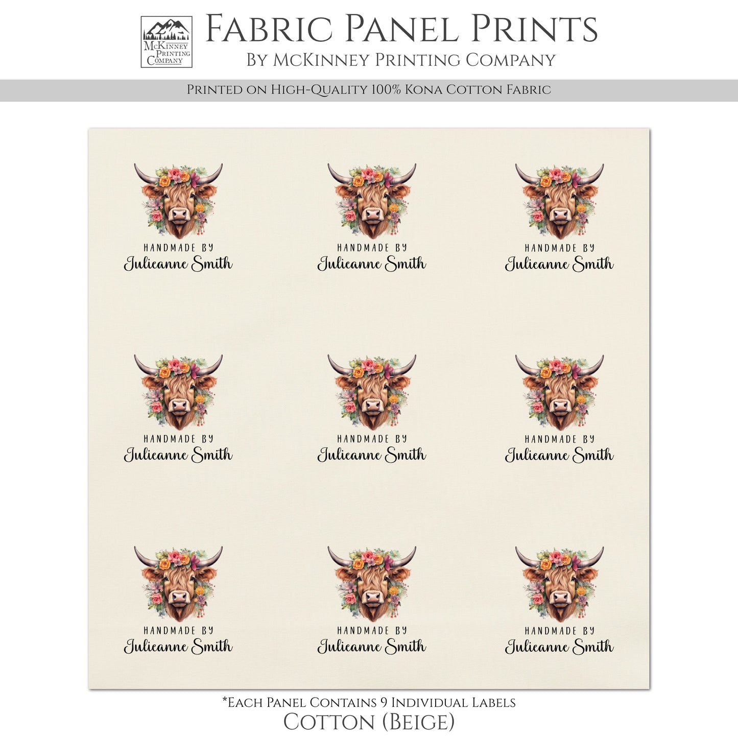 Quilt Labels - Highland Cow Fabric, Handmade, Fabric Tags, Personalized, Custom, Quilting, Crafting and Sewing Tags