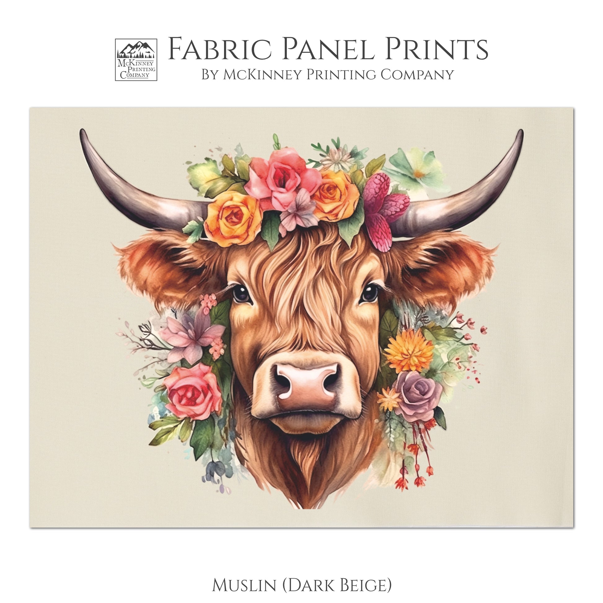 Highland Cow Print, Floral, Flower, Quilt, Quilting, Sewing, Crafts, Home Decor, Wall Art - Muslin