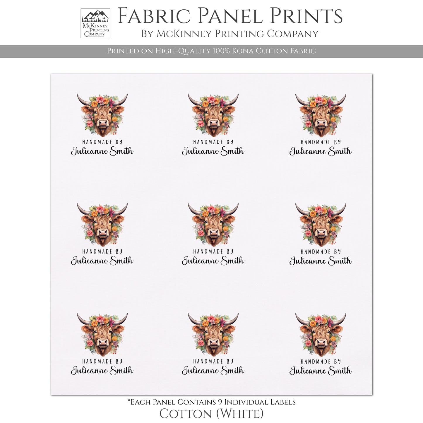 Quilt Labels - Highland Cow Fabric, Handmade, Fabric Tags, Personalized, Custom, Quilting, Crafting and Sewing Tags