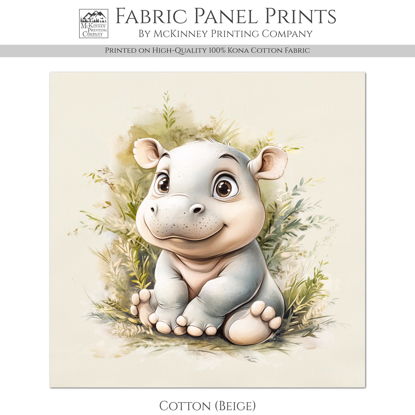 Hippopotamus - Baby Fabric Panels, Hippo, Jungle, Animal, Nursery Décor, Quilt Block, Wall Art, Cotton, Quilting