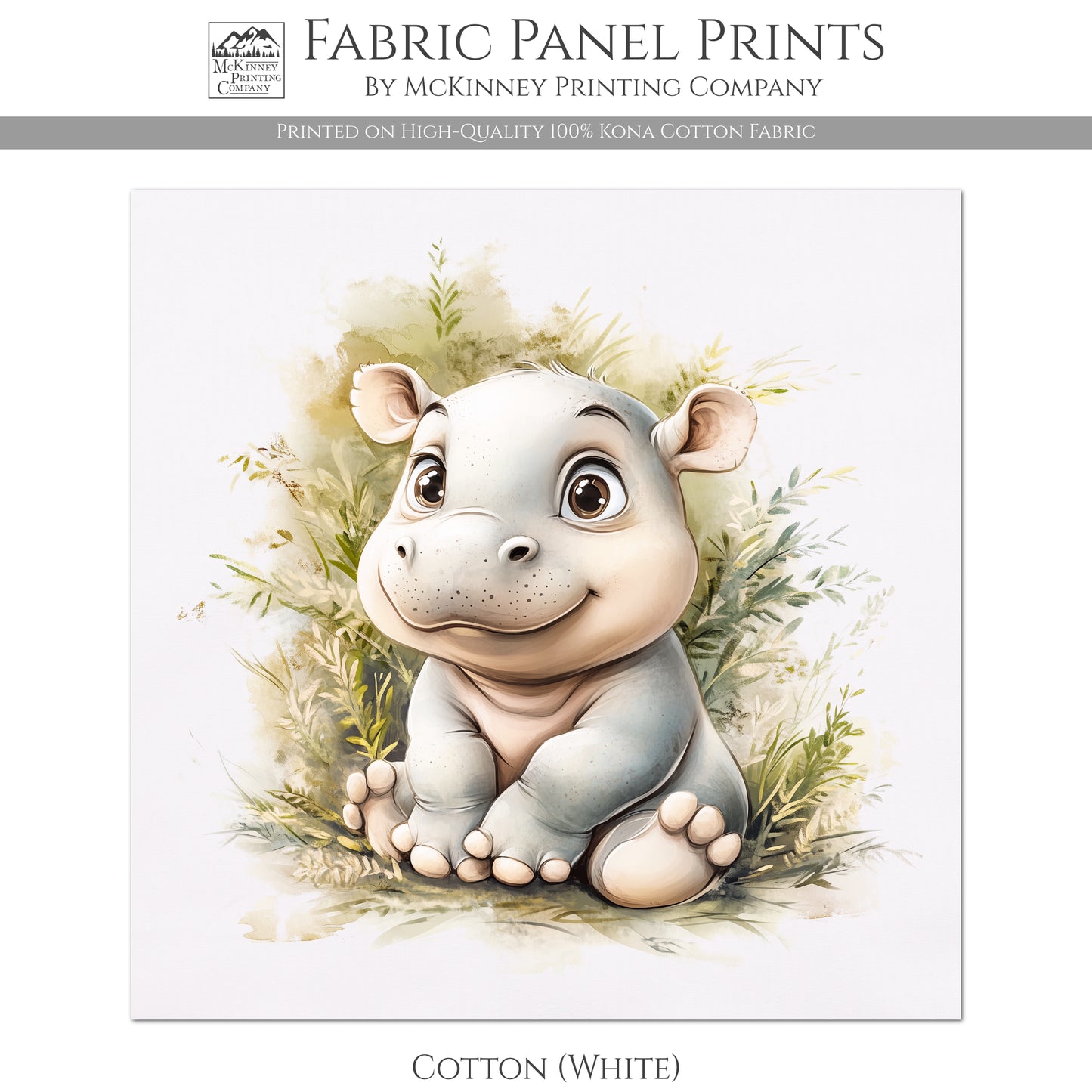 Hippopotamus - Baby Fabric Panels, Hippo, Jungle, Animal, Nursery Décor, Quilt Block, Wall Art, Cotton, Quilting