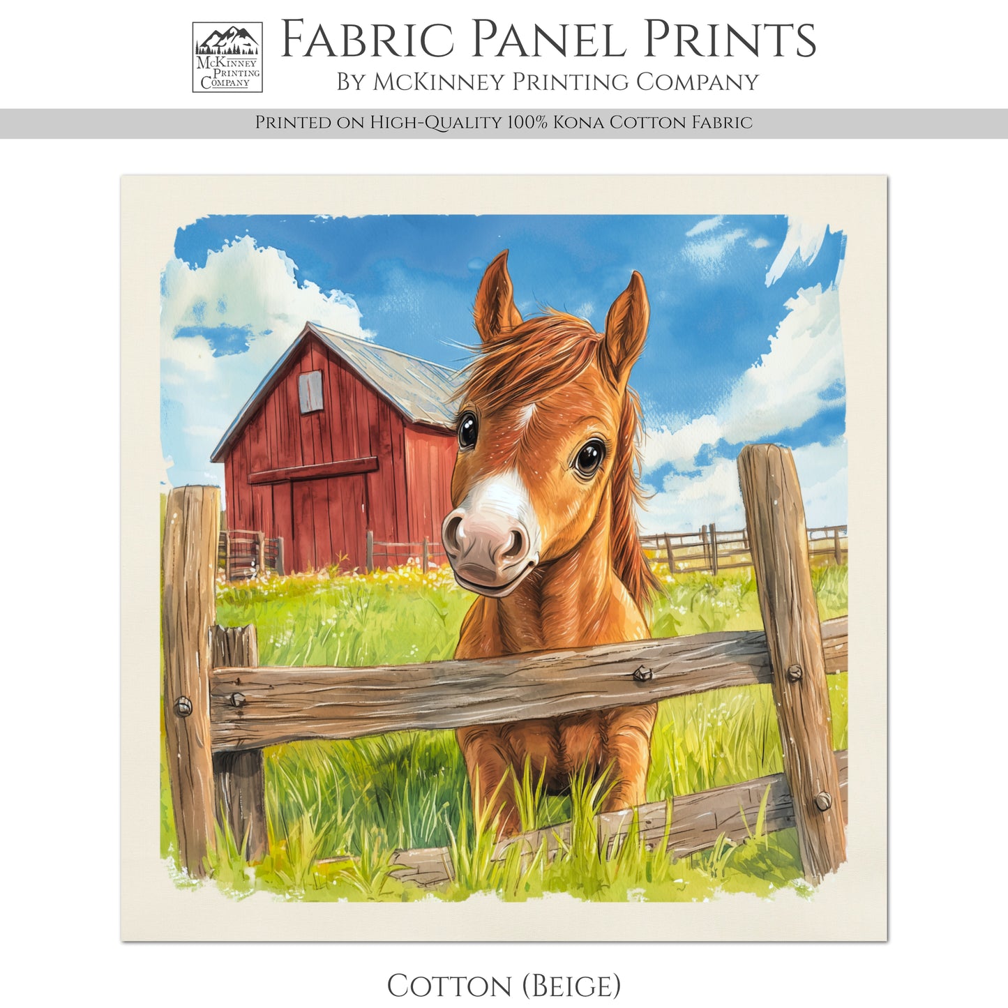 Farm Animal Fabric - Horse Fabric, Baby Fabric Panels, Cotton, Nursery Décor, Infant, Quilt Block, Wall Art, Quilting, Sewing