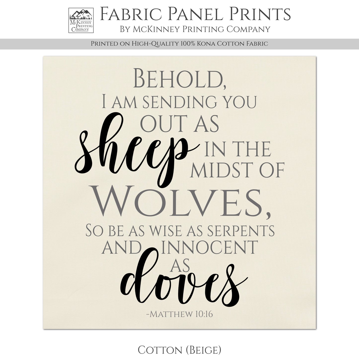 Christian Fabric - Matthew 10:16, Behold, I Am Sending You Out As Sheep, Scripture, Wall Art, Canvas, Quilt Block