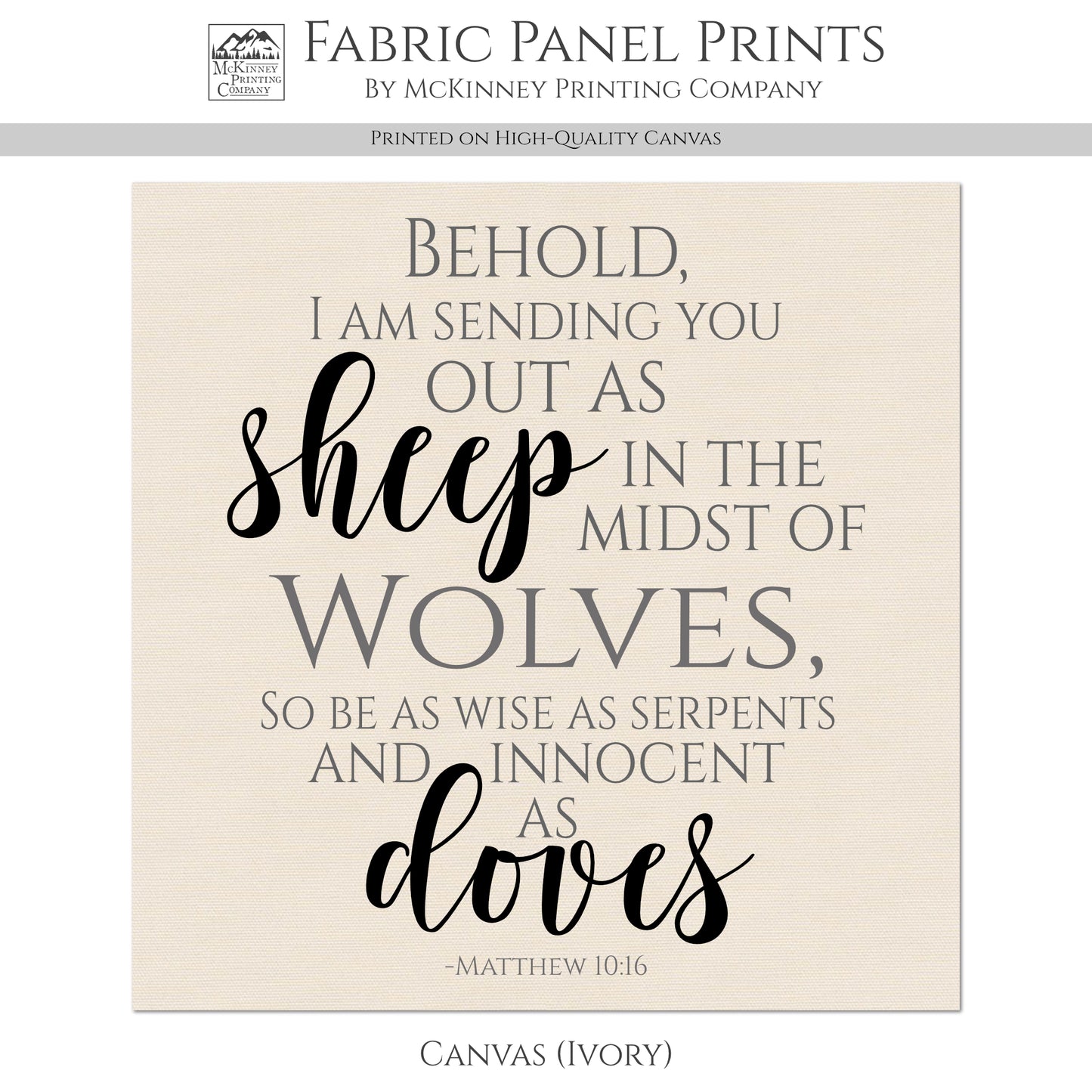 Christian Fabric - Matthew 10:16, Behold, I Am Sending You Out As Sheep, Scripture, Wall Art, Canvas, Quilt Block