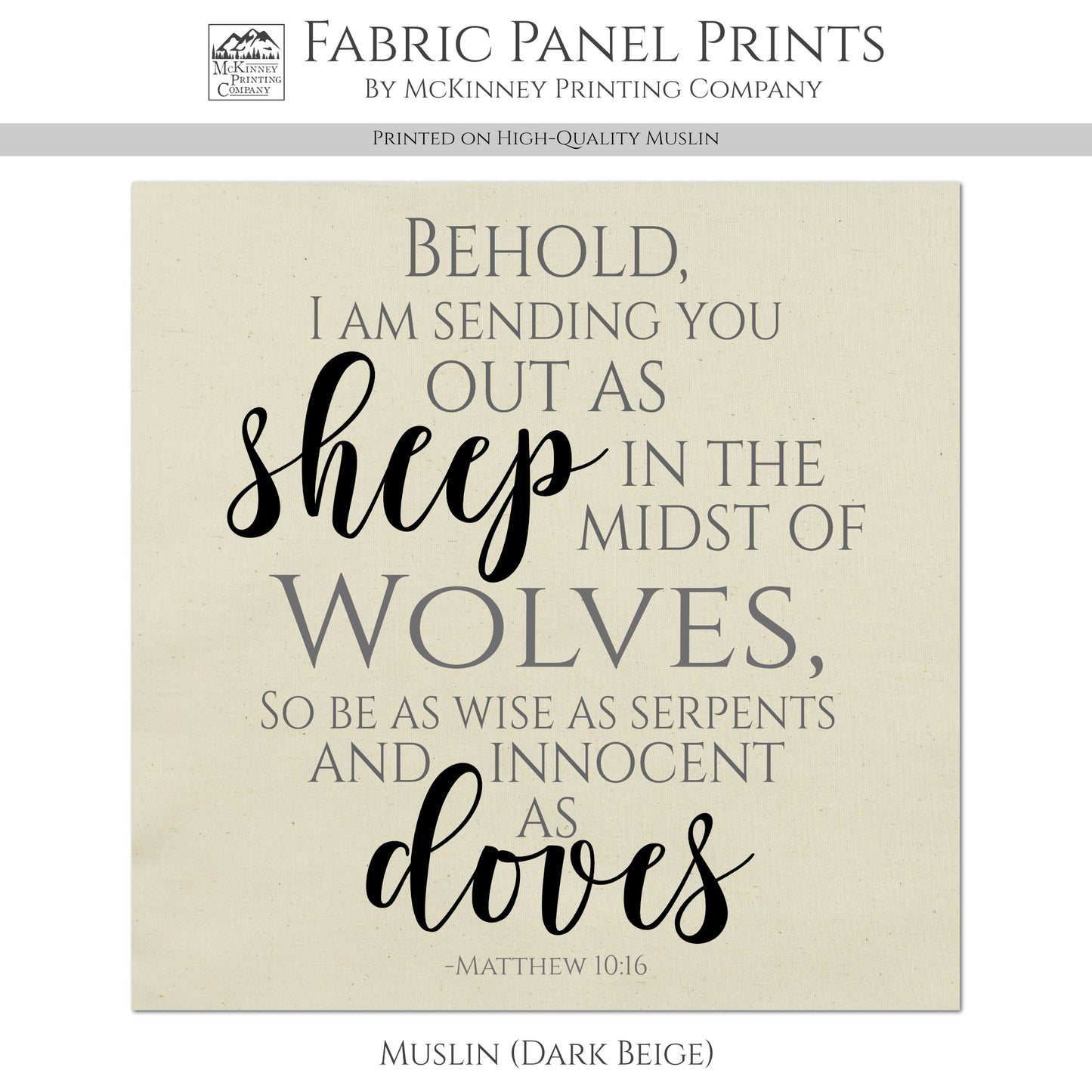 Christian Fabric - Matthew 10:16, Behold, I Am Sending You Out As Sheep, Scripture, Wall Art, Canvas, Quilt Block