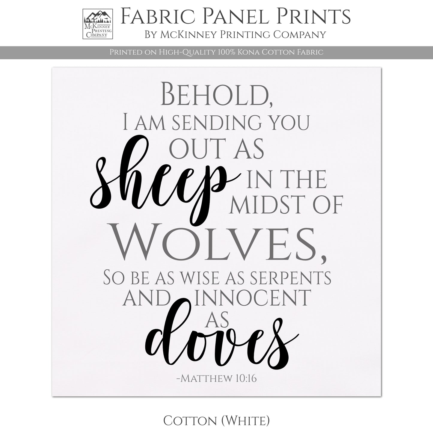 Christian Fabric - Matthew 10:16, Behold, I Am Sending You Out As Sheep, Scripture, Wall Art, Canvas, Quilt Block
