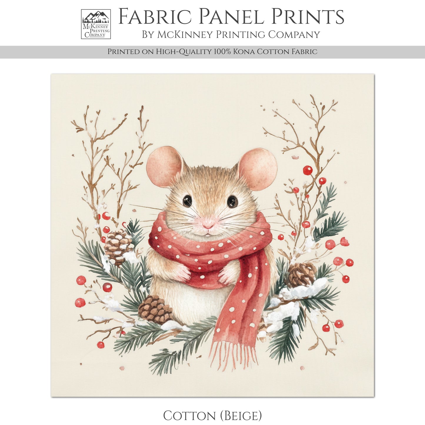 Christmas Mouse - Christmas Fabric Panels, Cotton, Baby Fabric Panels, Animal, Decor, Wall Art, Large Print, Block Print, Cotton, Quilting, Quilt