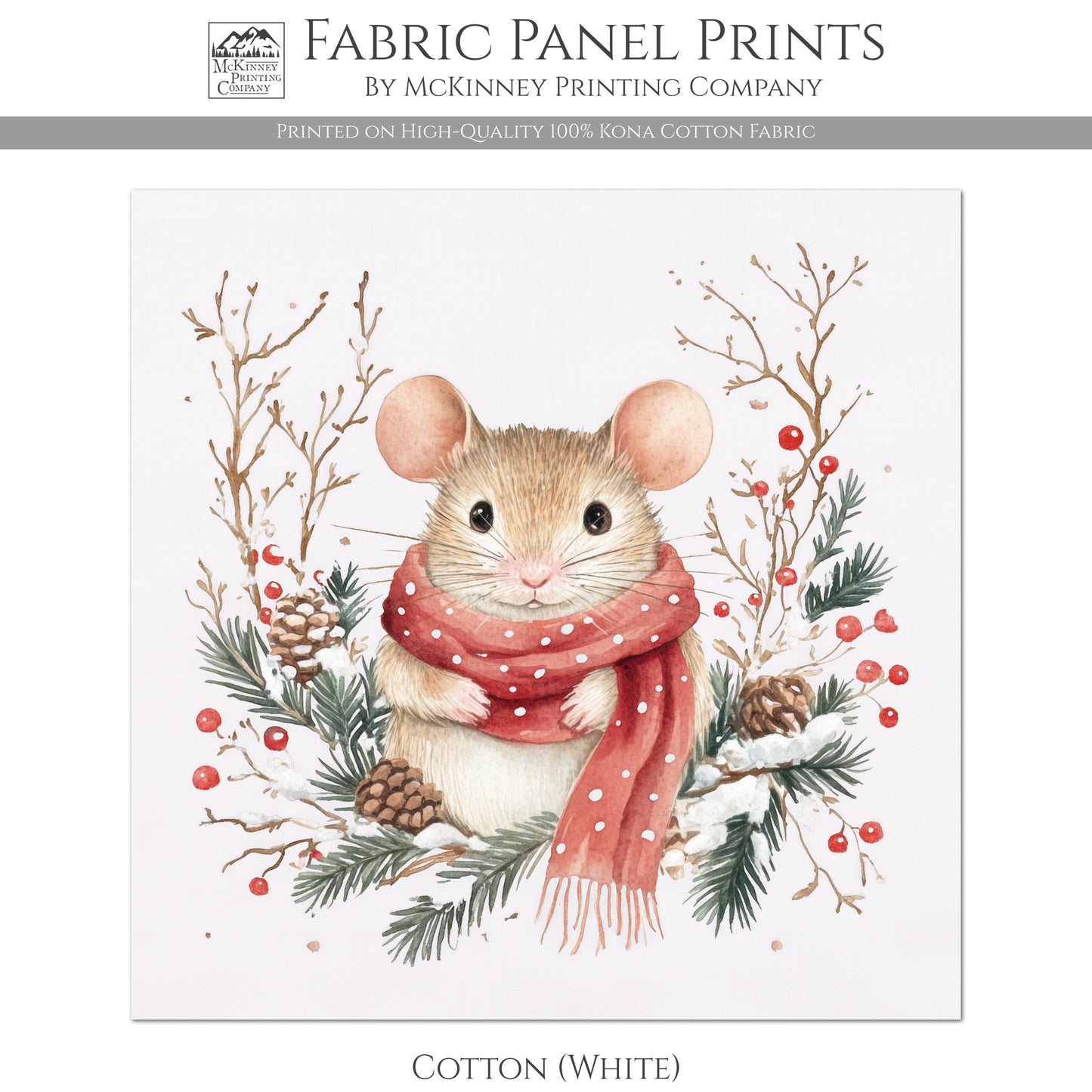 Christmas Mouse - Christmas Fabric Panels, Cotton, Baby Fabric Panels, Animal, Decor, Wall Art, Large Print, Block Print, Cotton, Quilting, Quilt