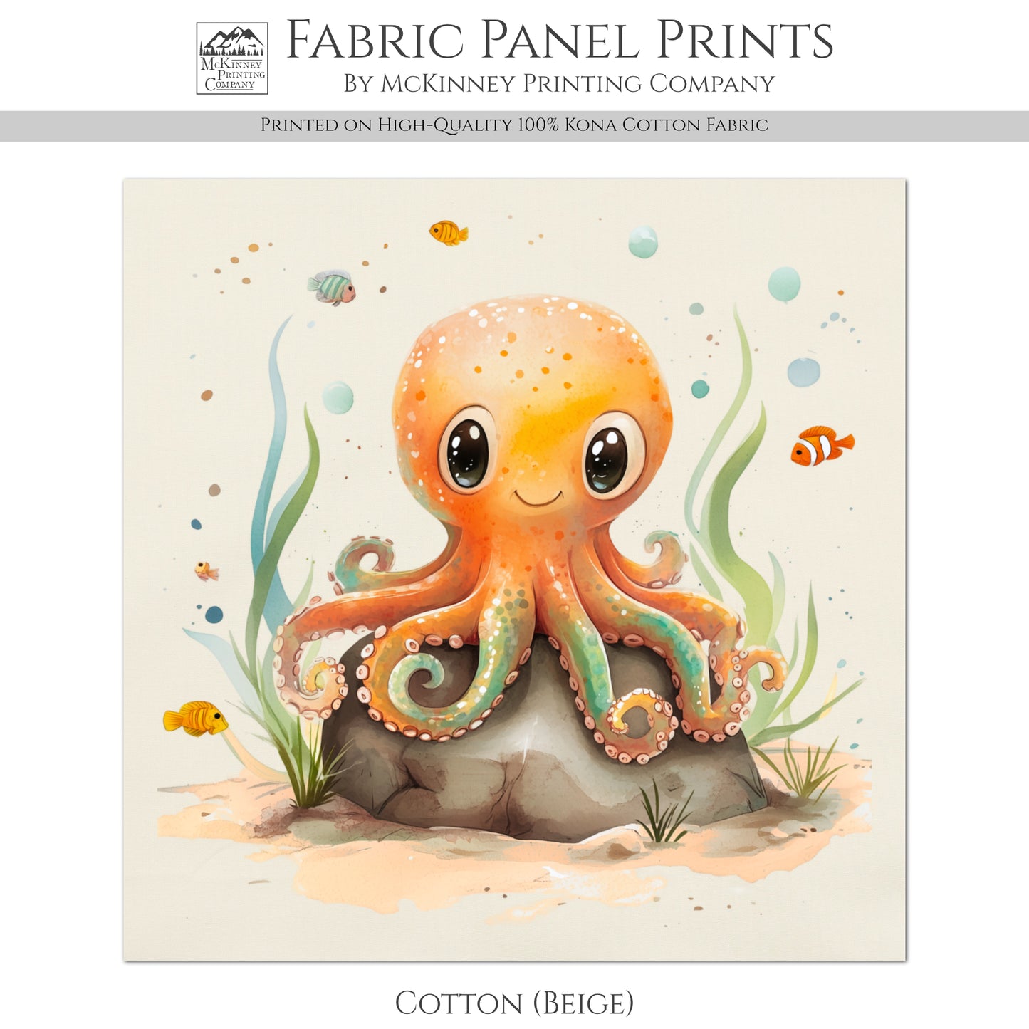 Octopus Fabric - Baby Fabric Panels, Sea, Ocean, Boy, Blanket, Nursery Décor, Quilt Block, Cotton, Quilting