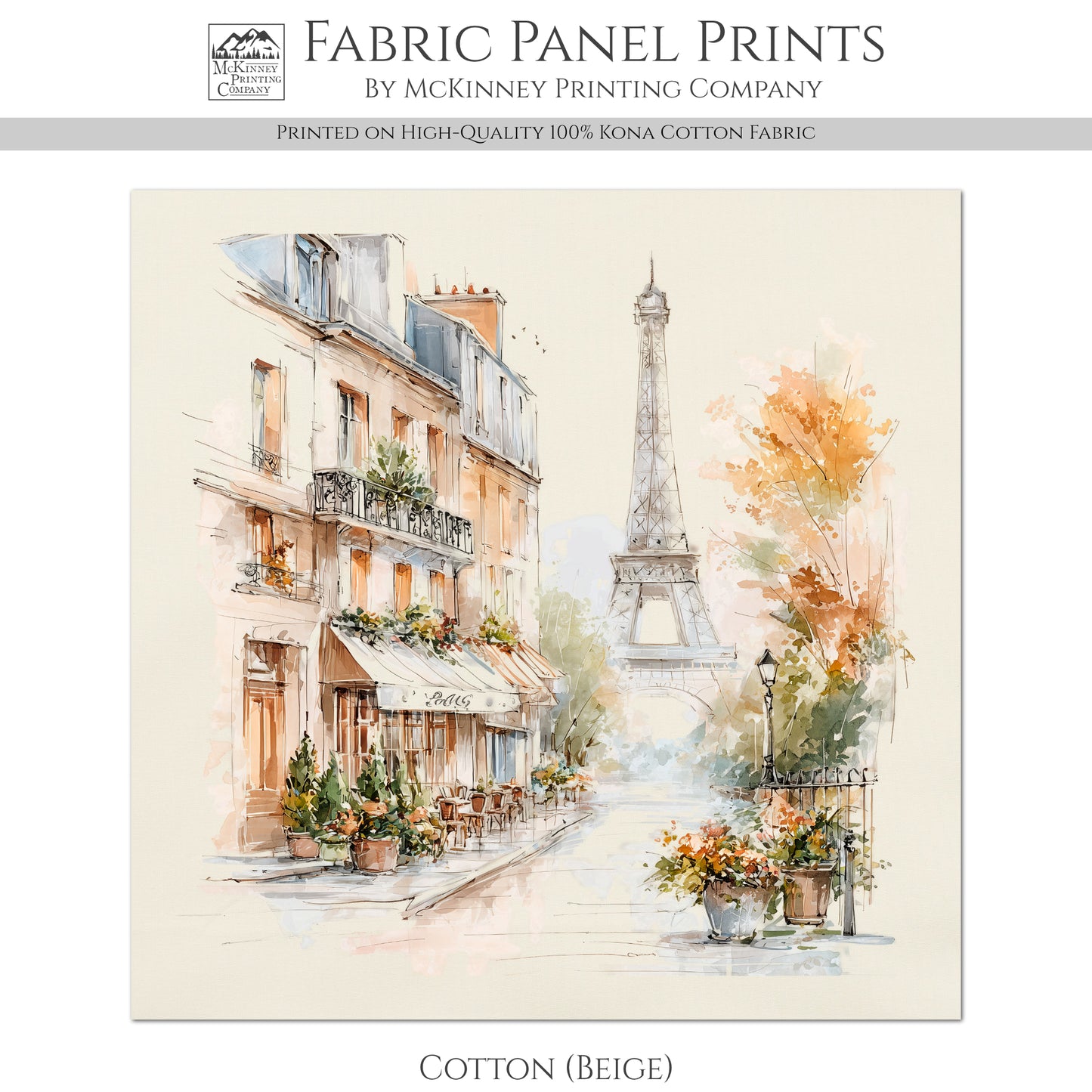 Shabby Chic Fabric - Paris Watercolor, Eiffel Tower, French Country Fabric, Quilt Block, Wall Art, Cotton, Quilting