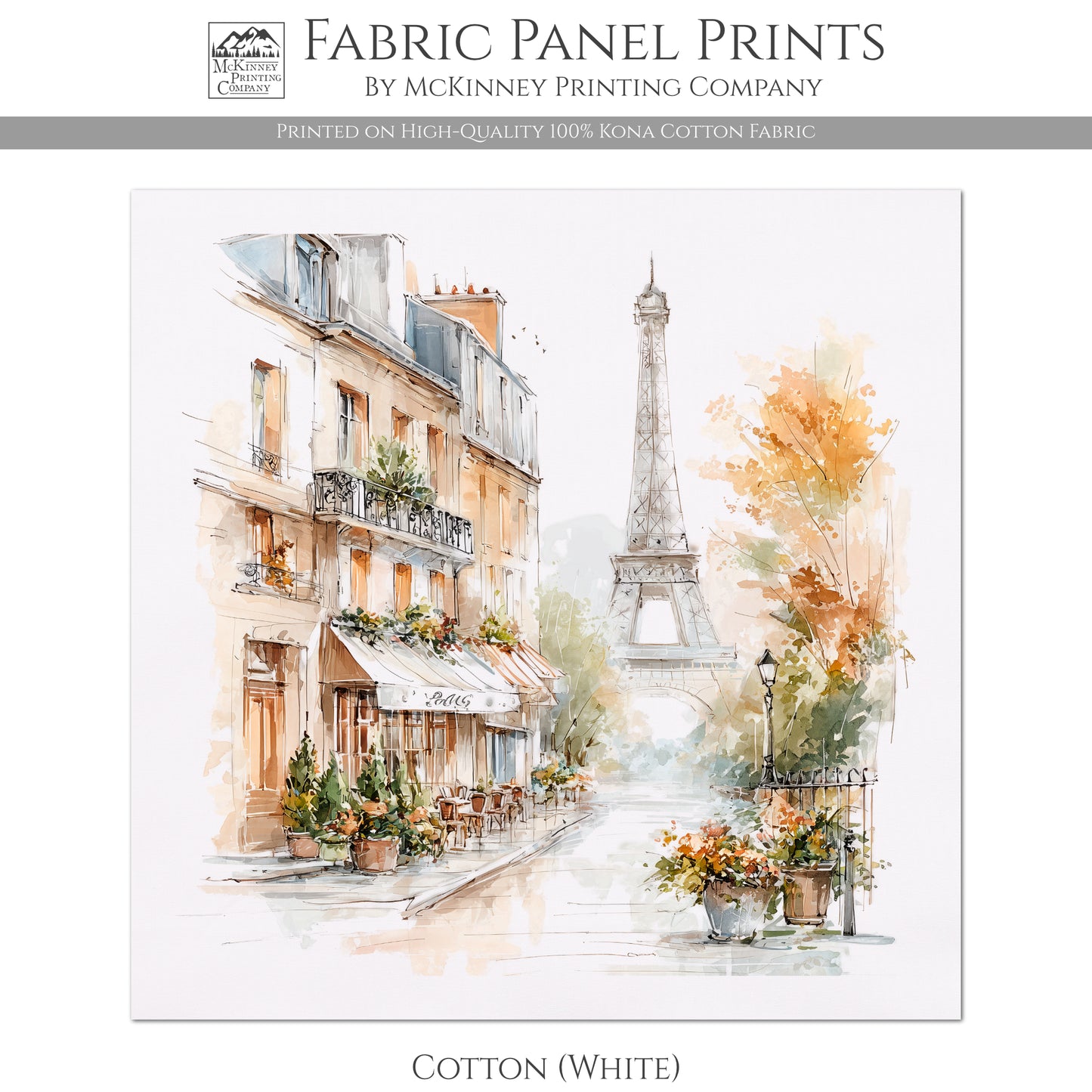 Shabby Chic Fabric - Paris Watercolor, Eiffel Tower, French Country Fabric, Quilt Block, Wall Art, Cotton, Quilting