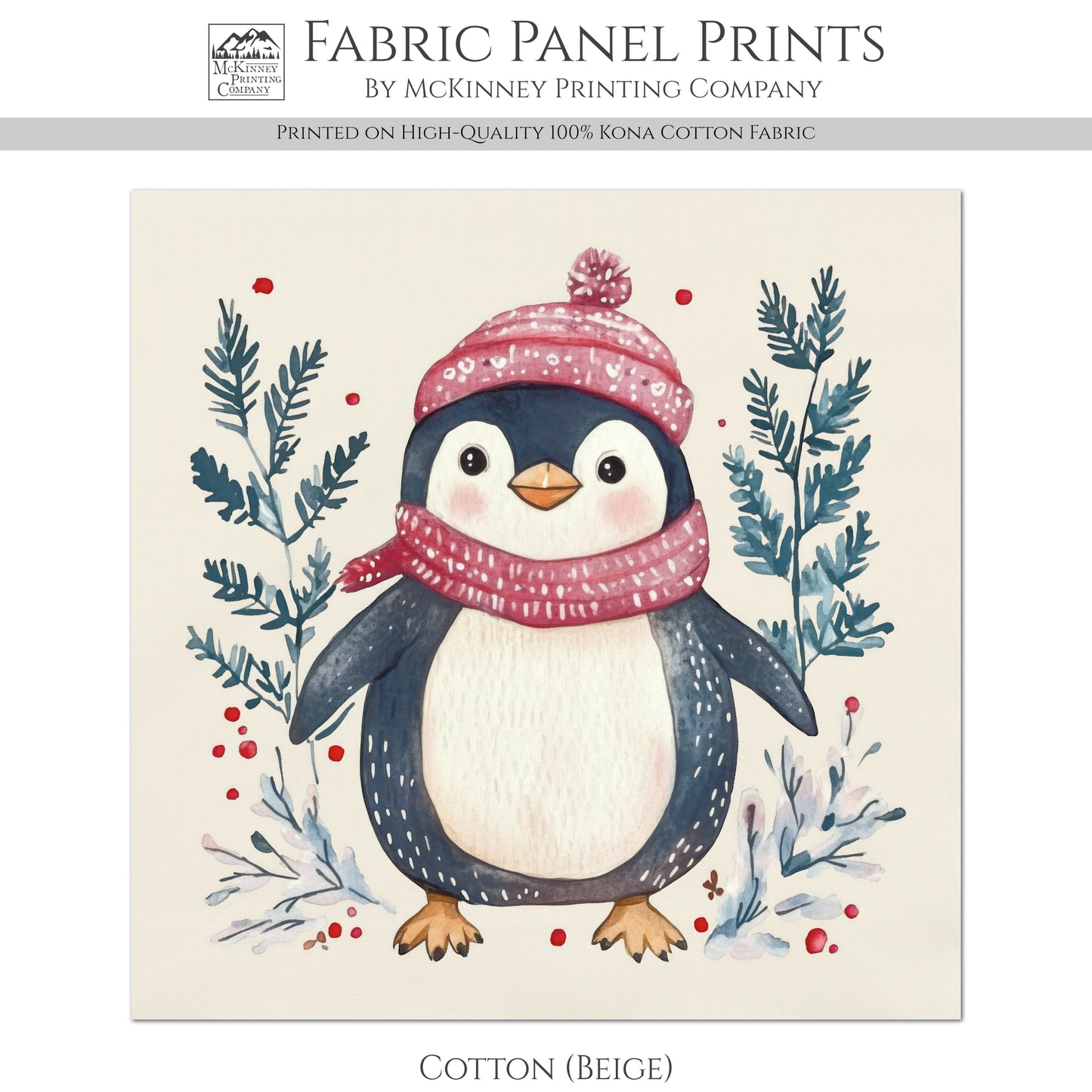 Penguin Fabric - Christmas Fabric Panel, Cotton, Baby Fabric, Animal, Decor, Wall Art, Large Print, Block Print, Cotton, Quilting, Quilt, Sewing
