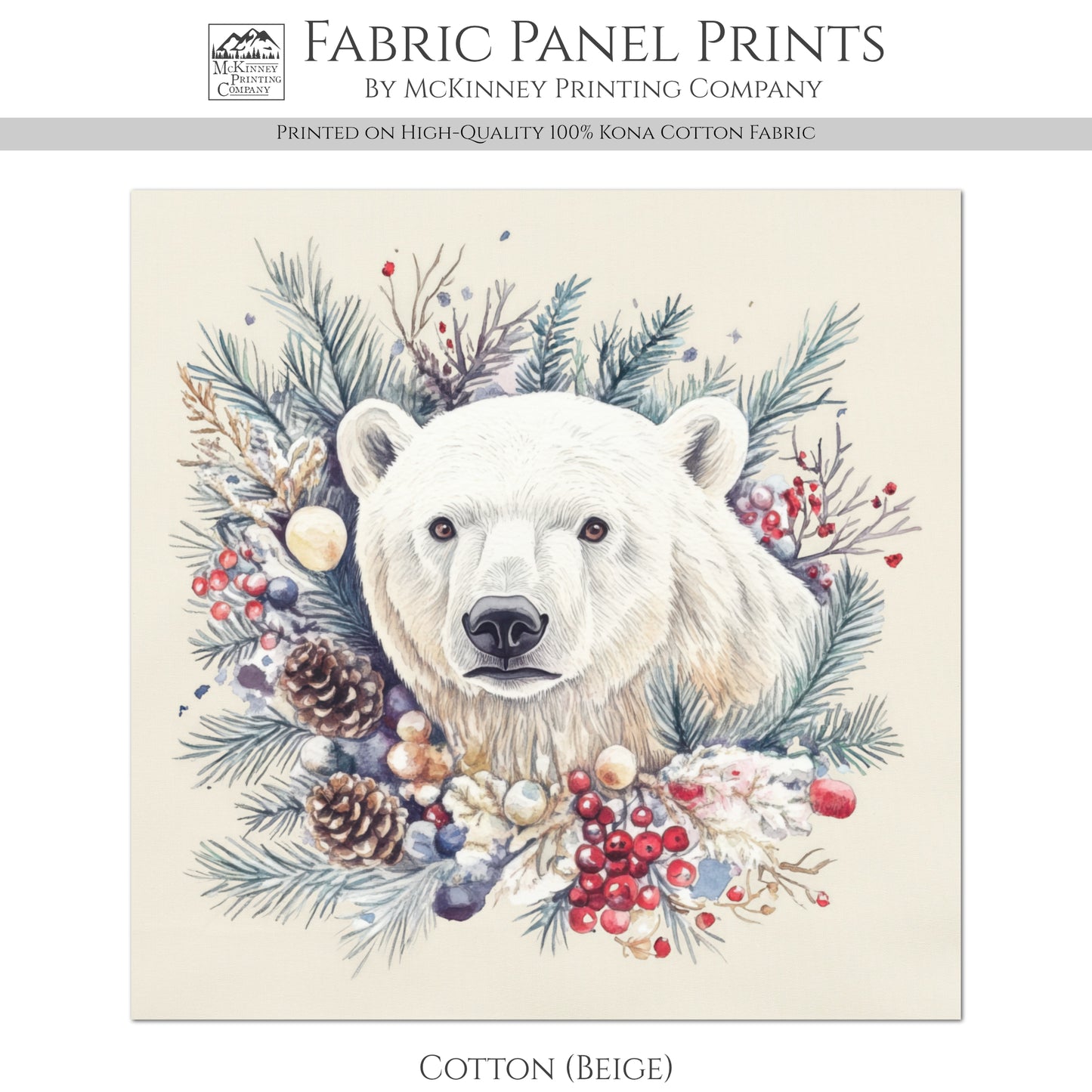 Polar Bear Fabric - Christmas Fabric Panels, Cotton, Baby Fabric Panels, Animal, Decor, Wall Art, Large Print, Block Print, Cotton, Quilting, Quilt