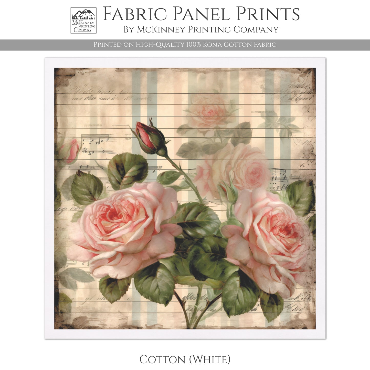 Rose Fabric, Shabby Chic, Floral Print, Fabric Panel, Sewing Quilt - Cotton, White
