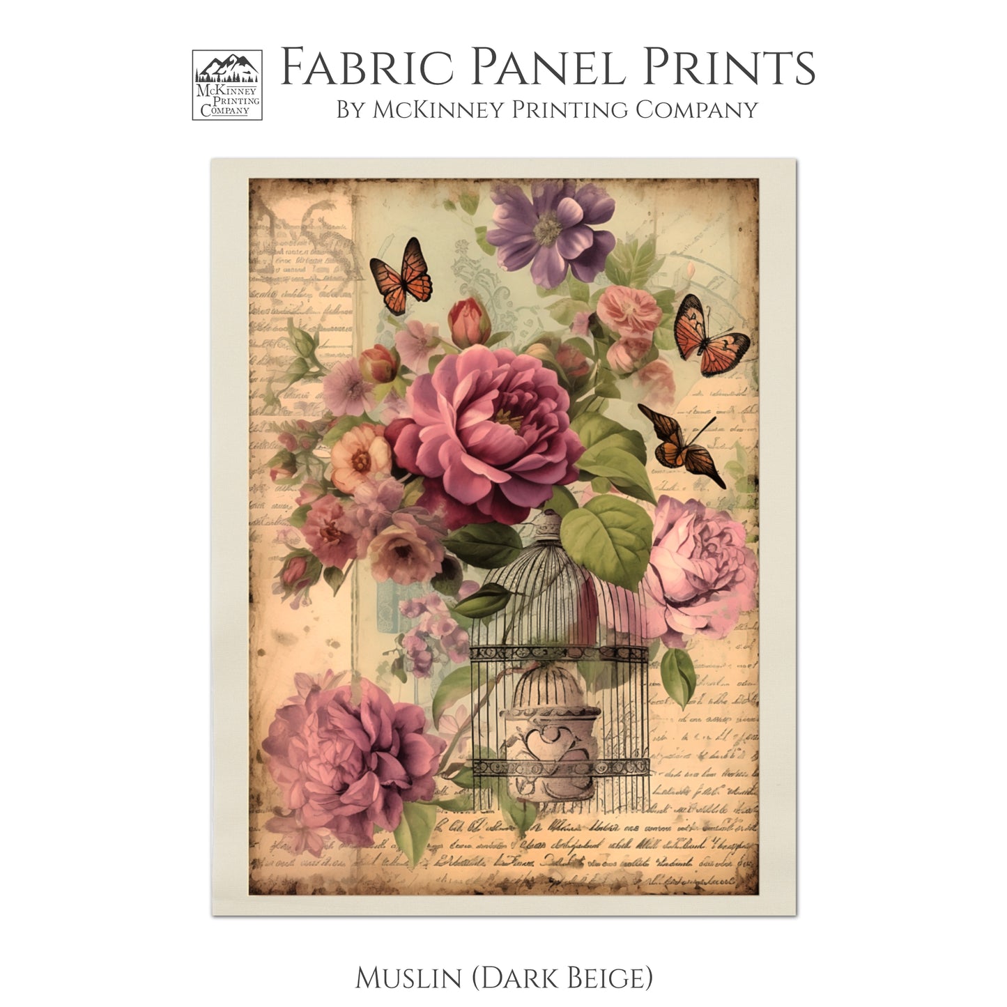 Shabby Chic French Floral Print, Butterfly - Muslin