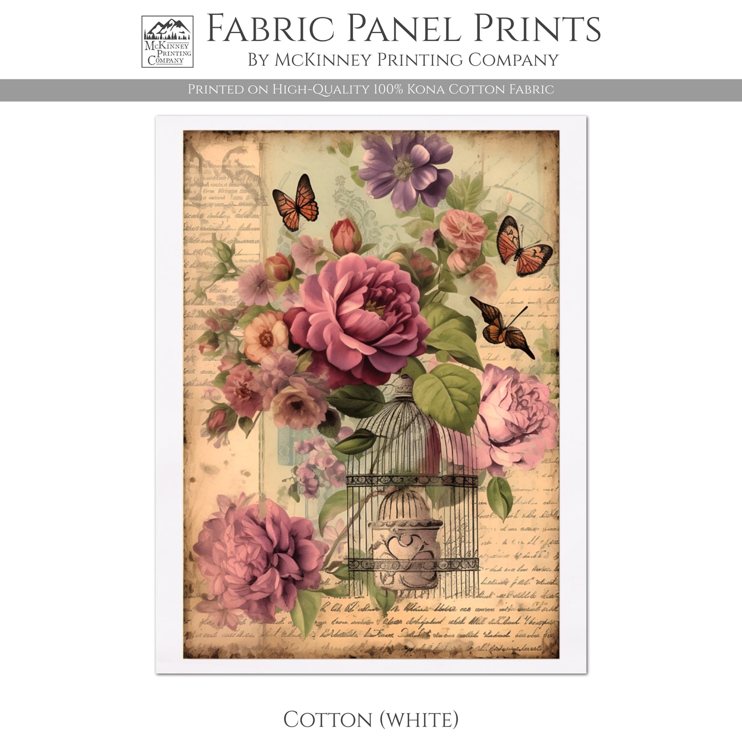 Shabby Chic French Floral Print, Butterfly - Cotton, White
