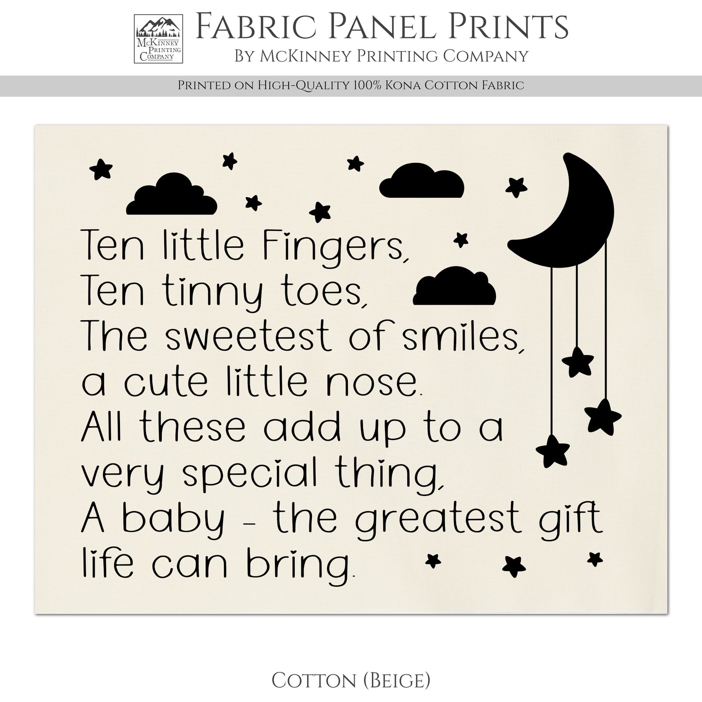 Baby Fabric Panels - Ten Little Fingers, Poem, Wall Art, Decor, Cotton, Quilt Block, Baby Blanket, Nursery, Infant