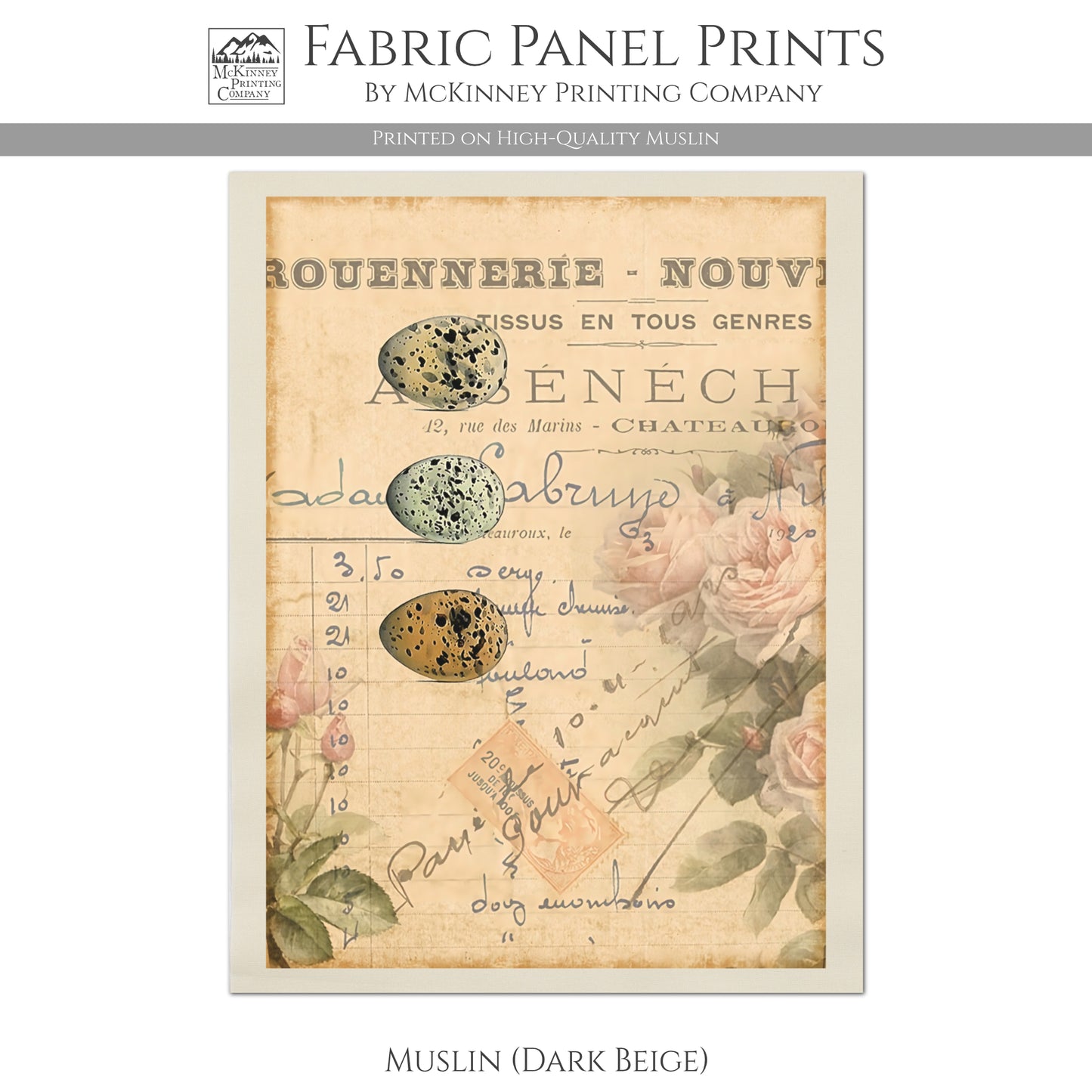 French Country Fabric - Shabby Chic Decor, Quilt Block - Muslin