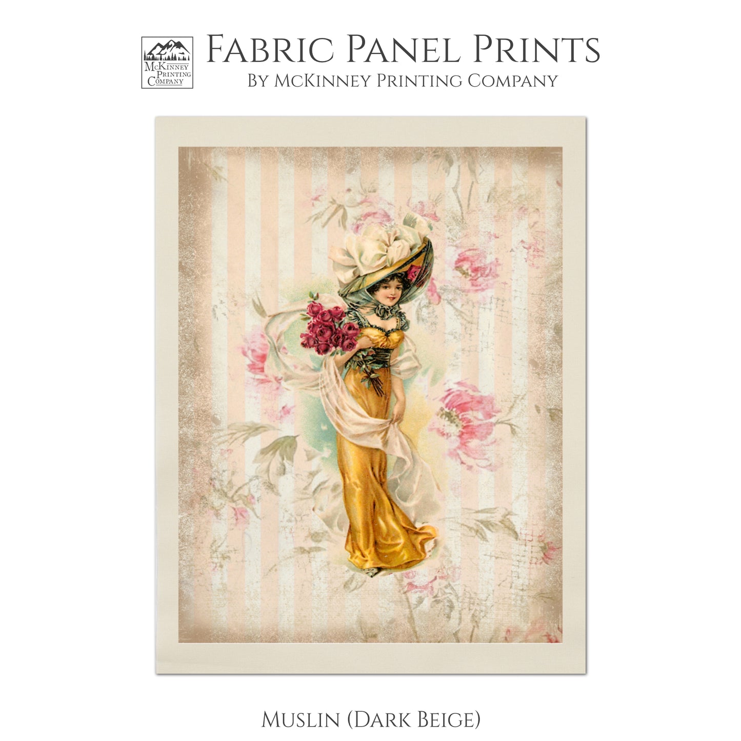 Woman in Victorian Dress with Hat, Vintage, Antique, Orange with French Floral Roses - Muslin