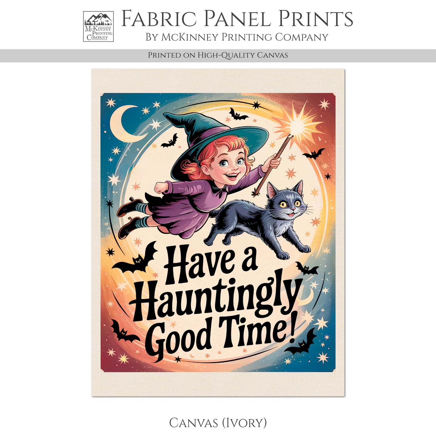 Halloween Fabric Panel - Vintage, Retro, Fall, Craft, Witch, Child, Large Print Fabric, Block Print Fabric, Cotton, Quilting, Quilt, Canvas
