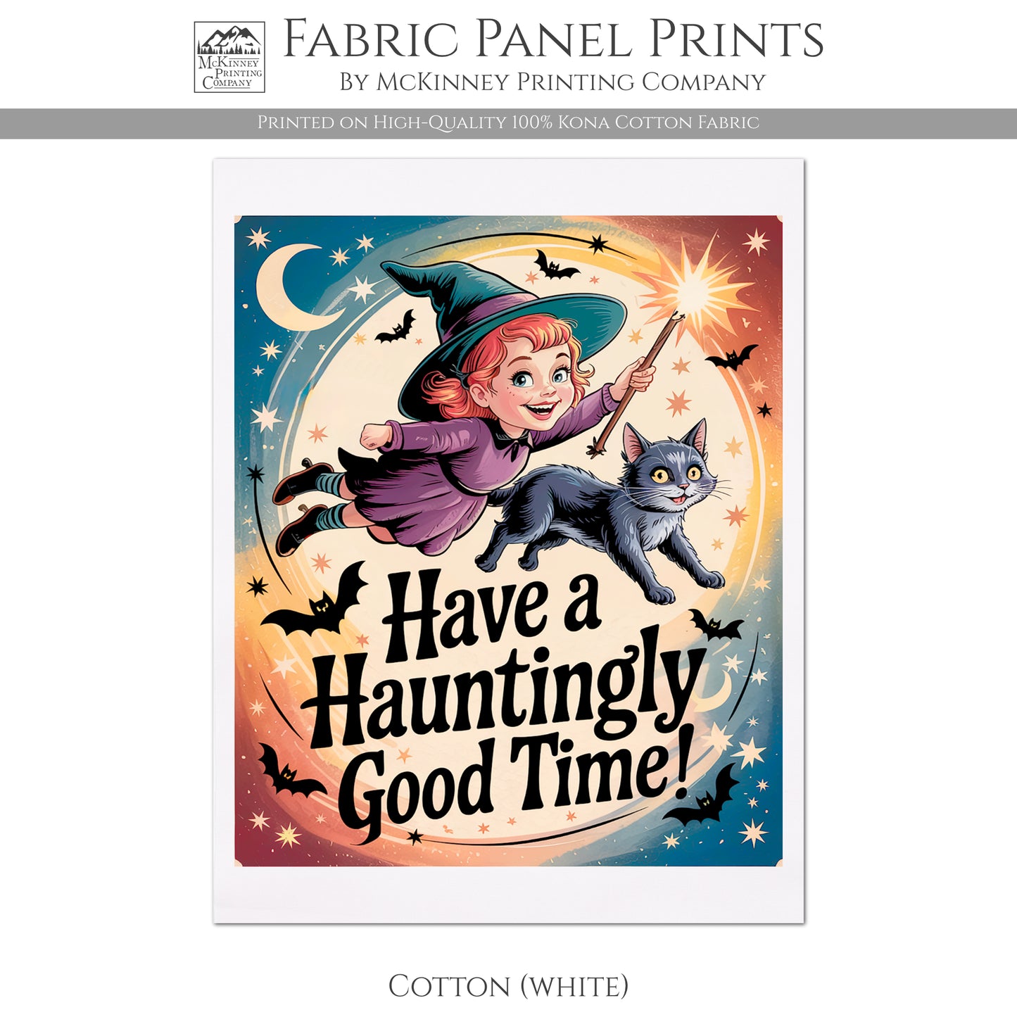 Halloween Fabric Panel - Vintage, Retro, Fall, Craft, Witch, Child, Large Print Fabric, Block Print Fabric, Cotton, Quilting, Quilt, Canvas