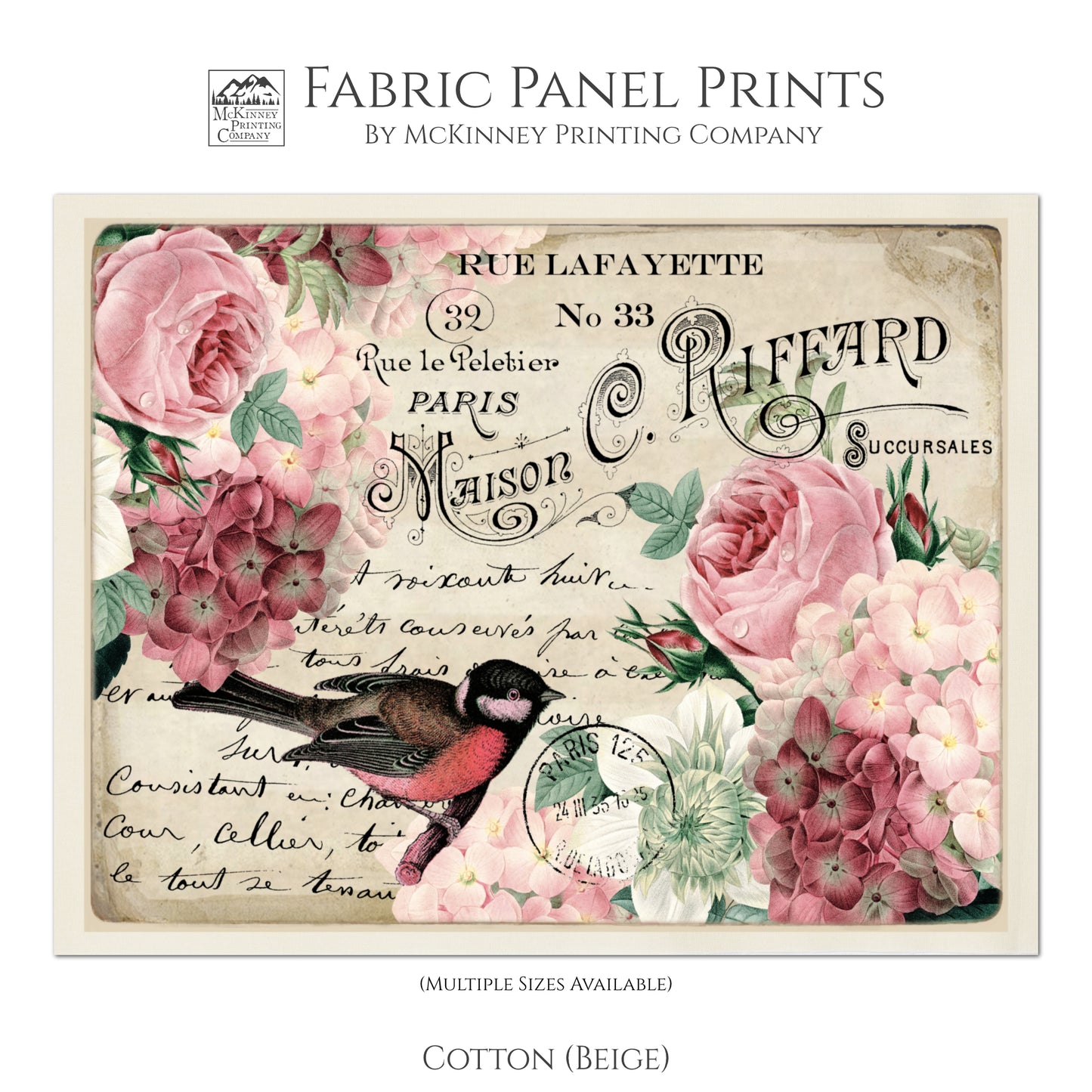 Antique French Fabric, Shabby Chic Fabric, Rose, Bird, Vintage, Post Card