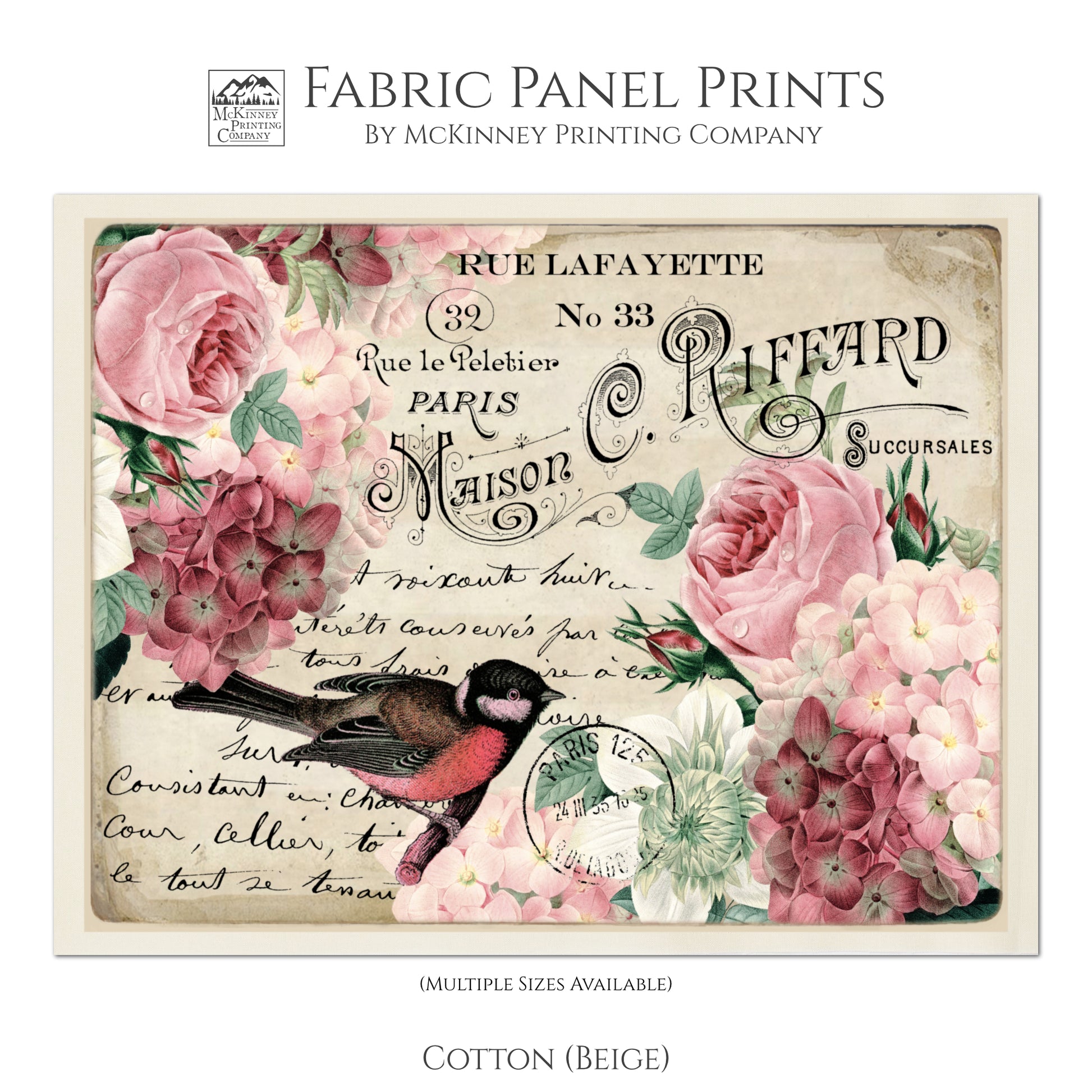 Antique French Fabric, Shabby Chic Fabric, Rose, Bird, Vintage, Post Card