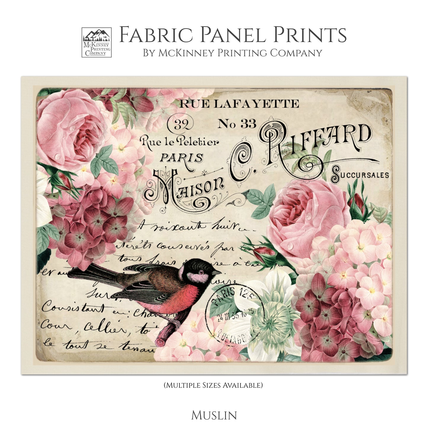 Antique French Fabric, Shabby Chic Fabric, Rose, Bird, Vintage, Post Card