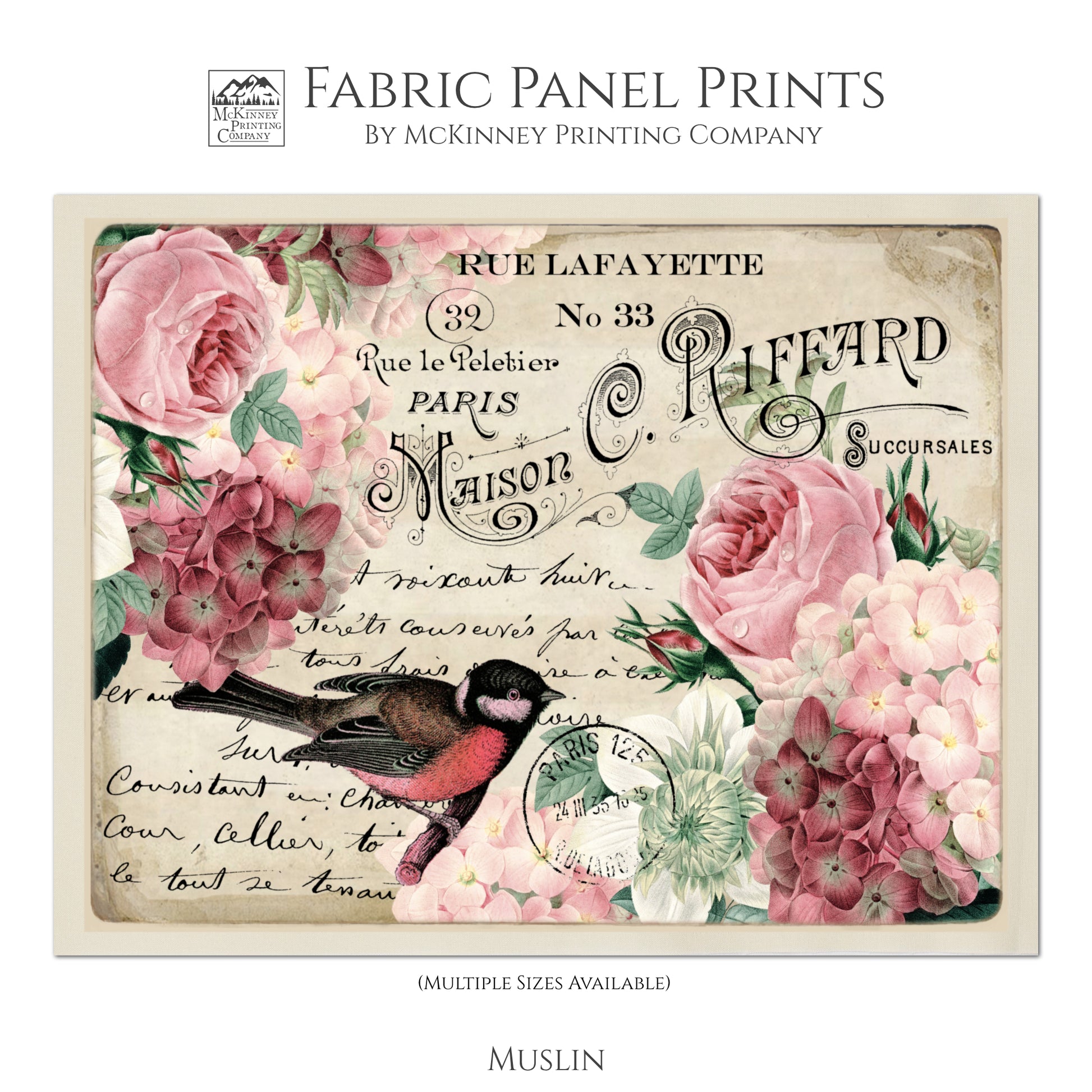 Antique French Fabric, Shabby Chic Fabric, Rose, Bird, Vintage, Post Card