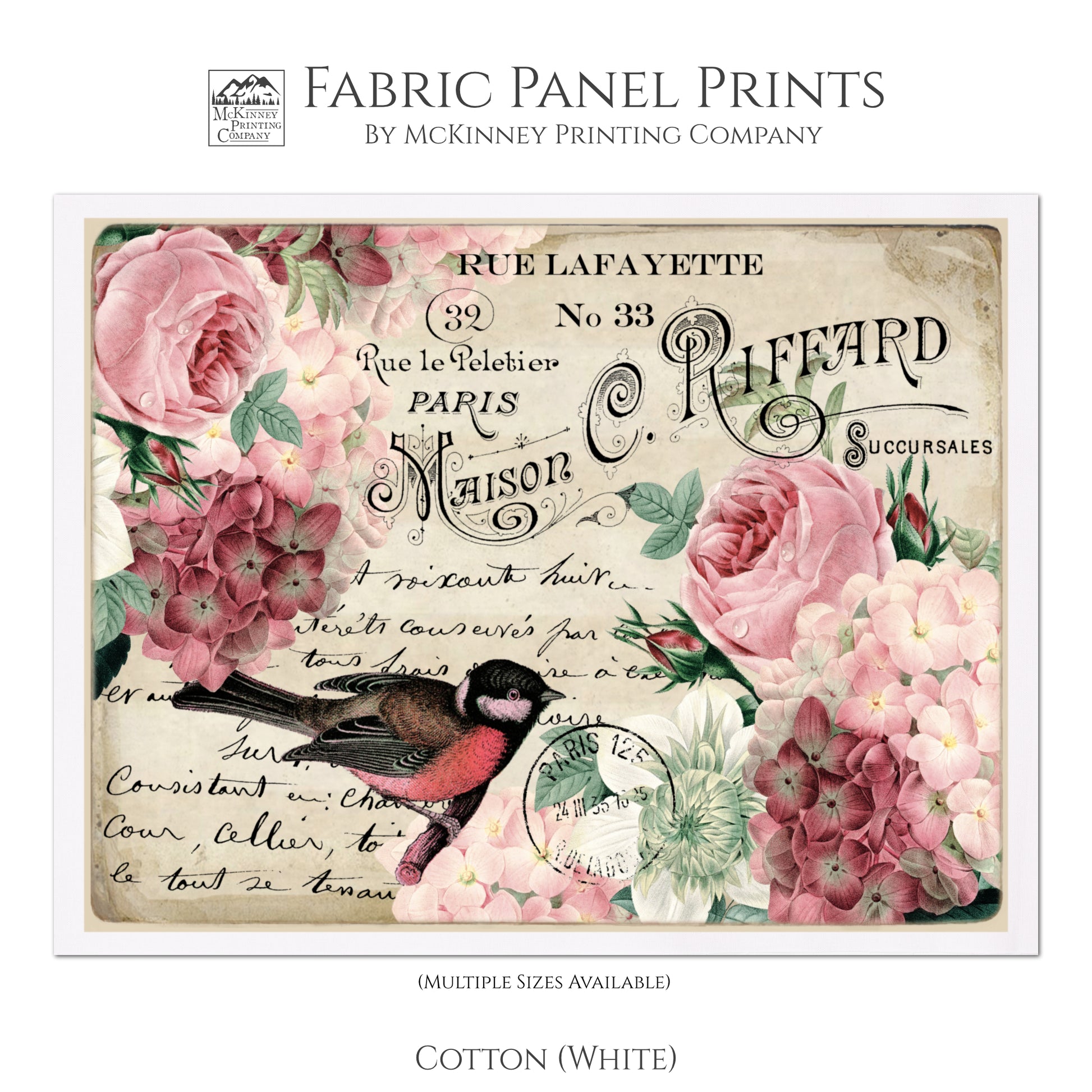 Antique French Fabric, Shabby Chic Fabric, Rose, Bird, Vintage, Post Card