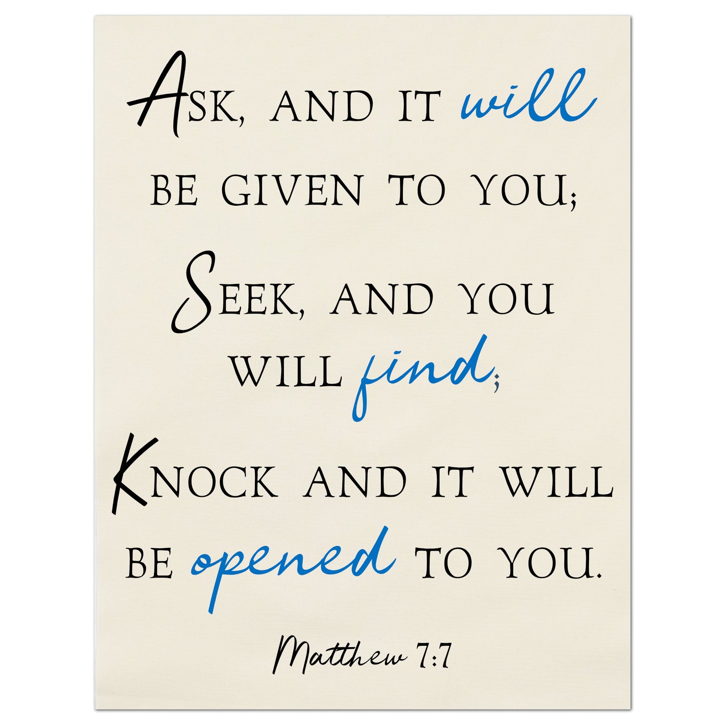 Ask, and it will be given to you; Seek, and you will find; Knock and it will be opened to you. - Matthew 7 7 - Fabric Panel Print, Wall Hanging, Scripture Fabric, Religious Fabric, Quilt Block
