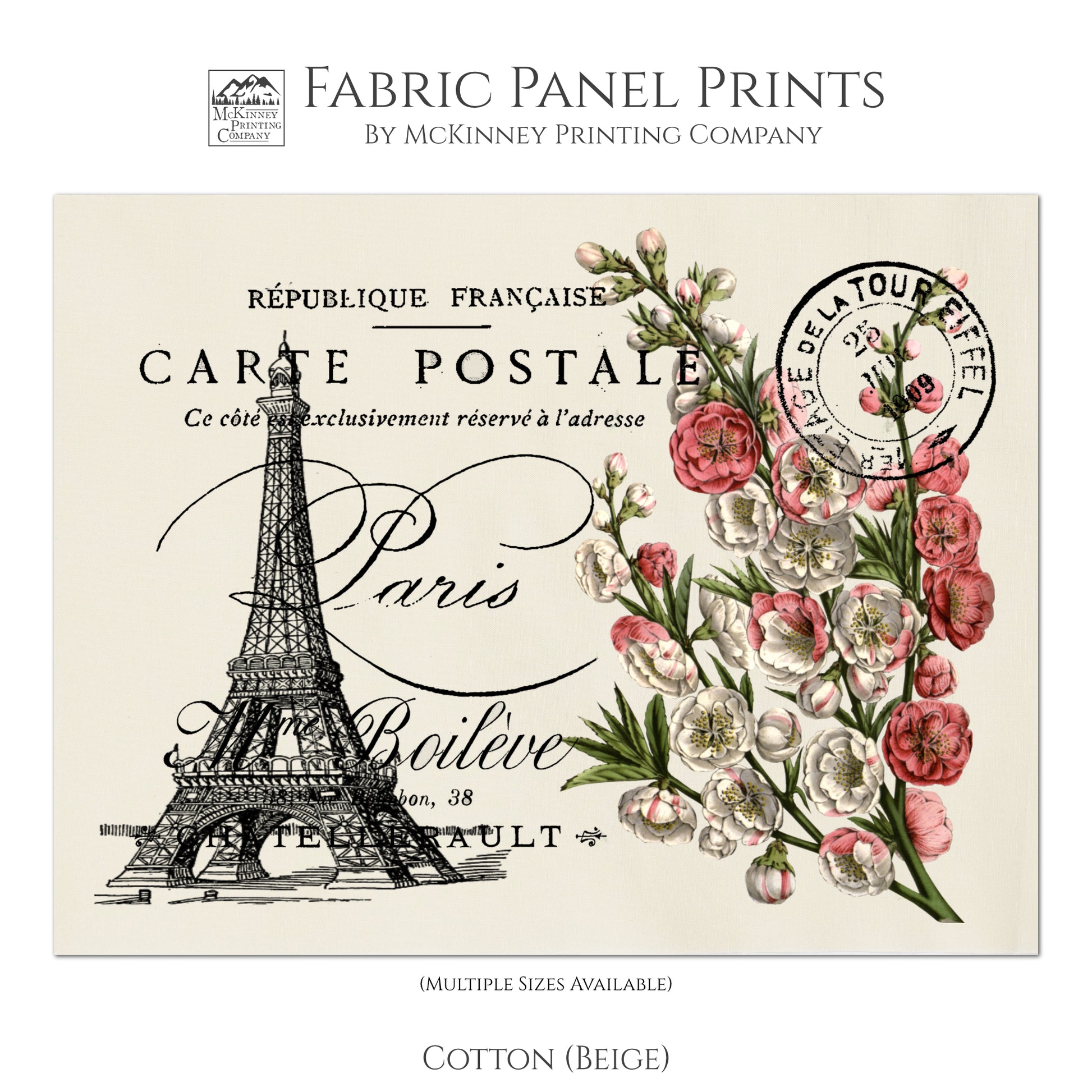 Eiffel Tower, Floral Fabric, Antique French Fabric, Shabby Chic Fabric, Vintage, Post Card