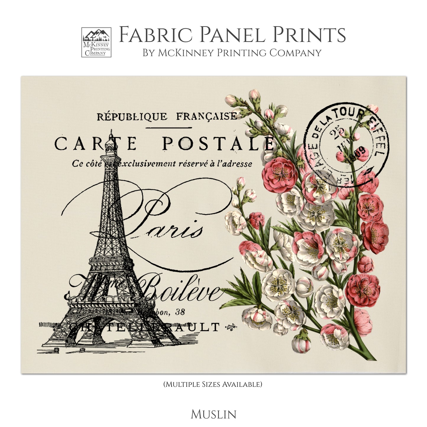 Eiffel Tower, Floral Fabric, Antique French Fabric, Shabby Chic Fabric, Vintage, Post Card