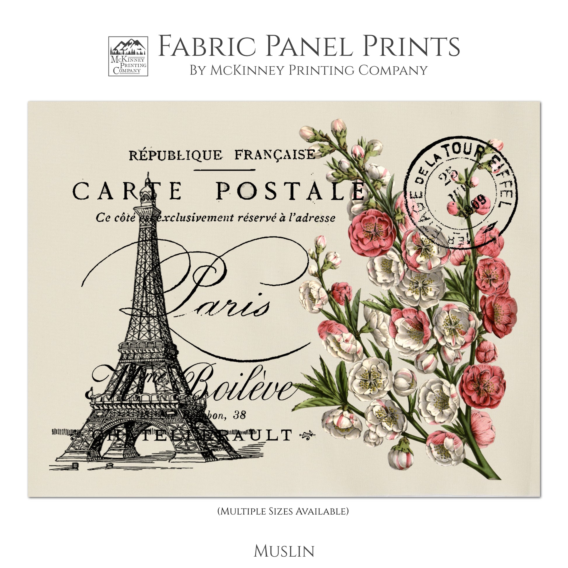 Eiffel Tower, Floral Fabric, Antique French Fabric, Shabby Chic Fabric, Vintage, Post Card
