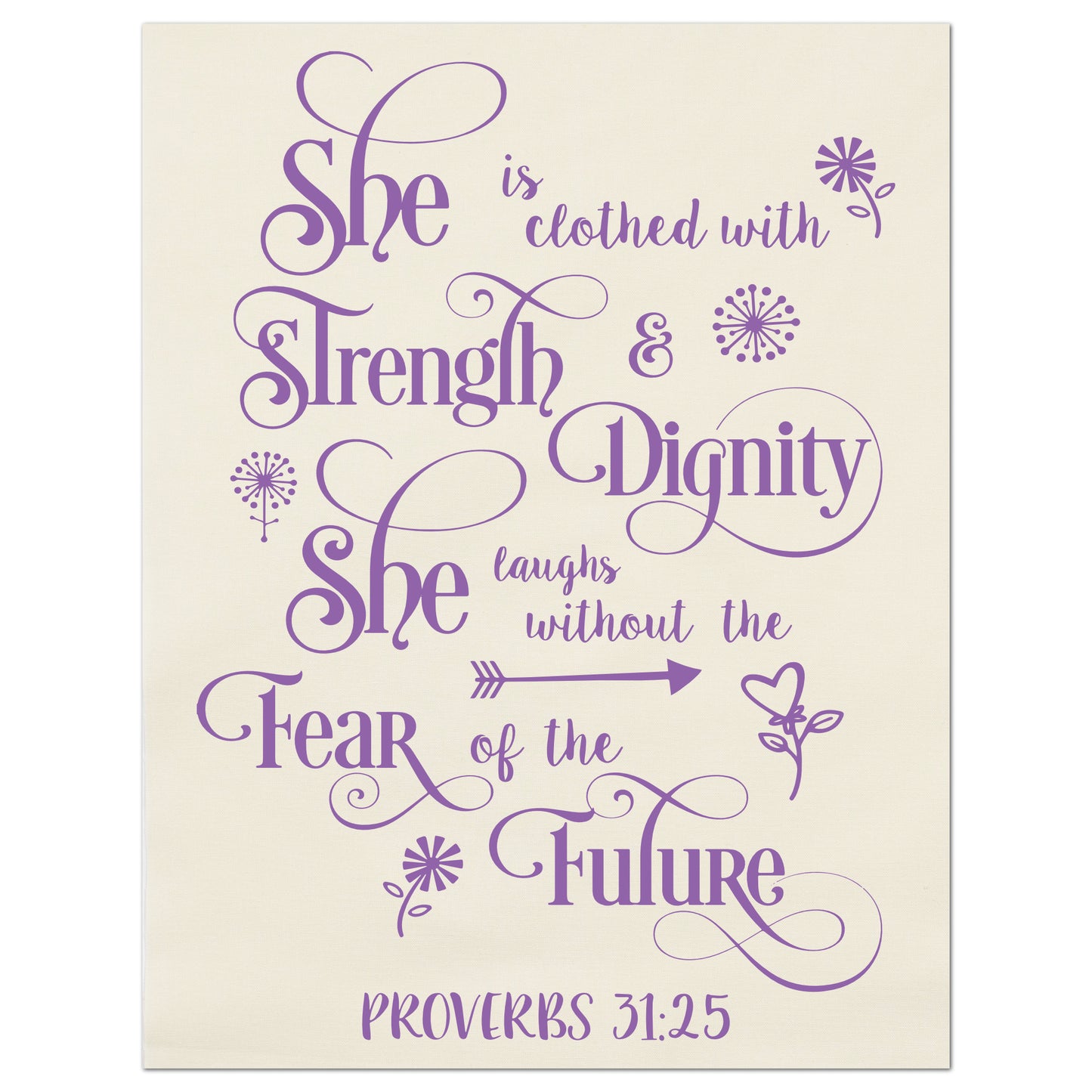 She is clothed with strength and dignity. She Laughs without the fear of the future - Proverbs 31:25 - Fabric Panel Print, Quilt Block, Religious, Scripture, Christian