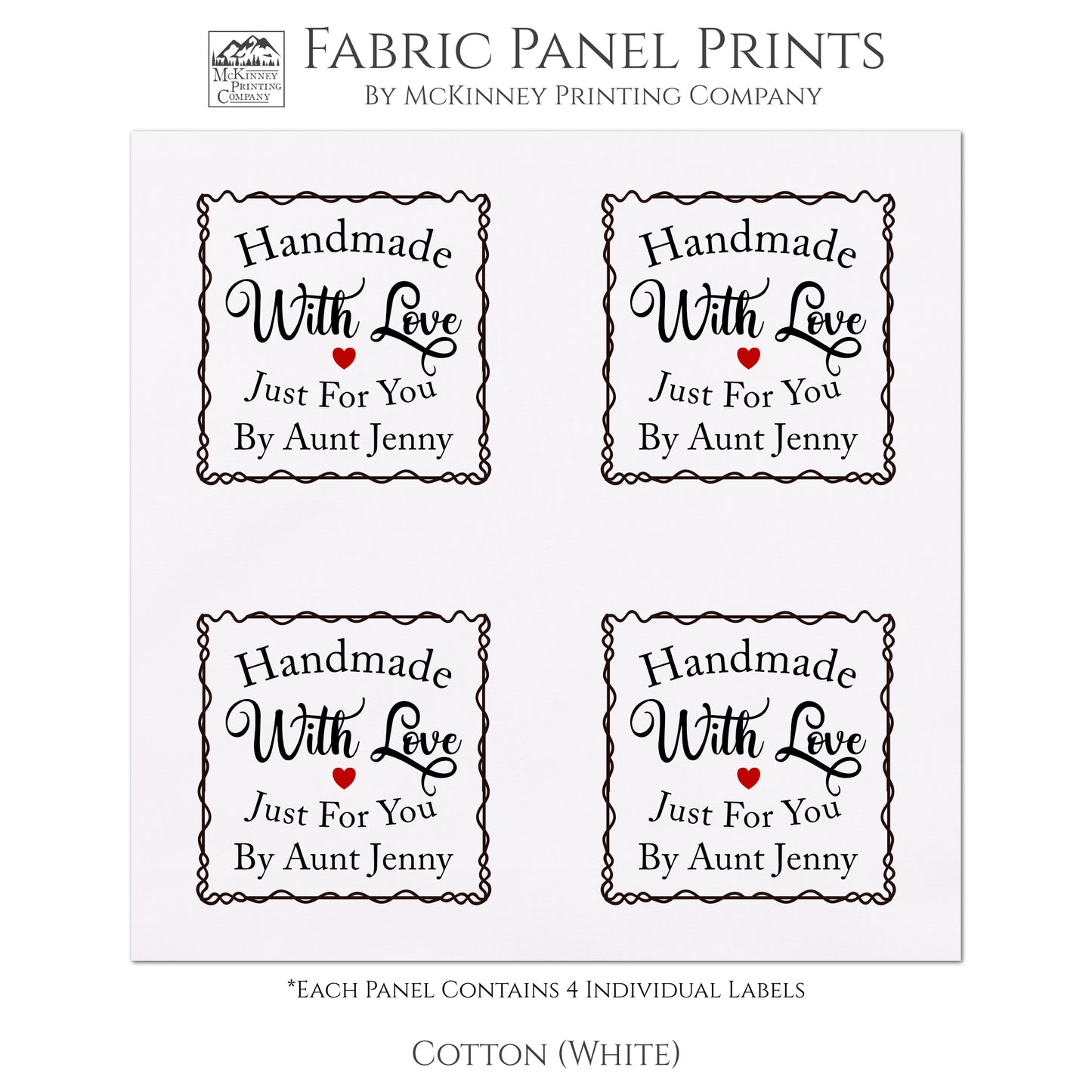 Quilt Labels, Handmade with Love Just for you, Personalized Name, Fabric Tag, Cotton, White