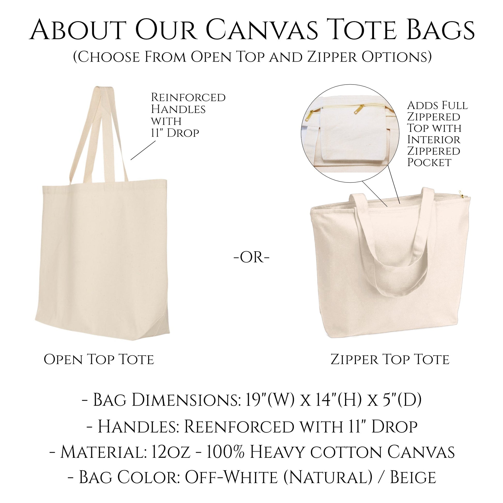 Heavy Canvas Zippered Shopping Tote Bags