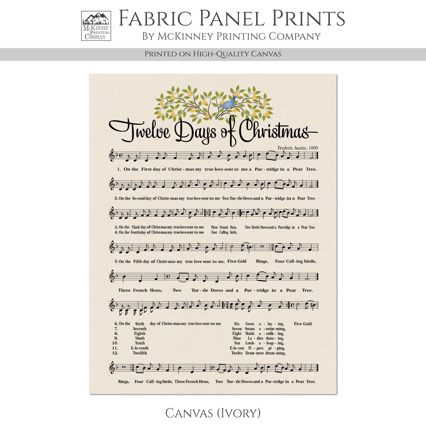 12 Days of Christmas - Christian Fabric Panel, Hymn Wall Art, Sheet Music, Lyrics, Quilting, Quilt, Wall Art, Cotton, Canvas