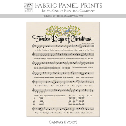 12 Days of Christmas - Christian Fabric Panel, Hymn Wall Art, Sheet Music, Lyrics, Quilting, Quilt, Wall Art, Cotton, Canvas